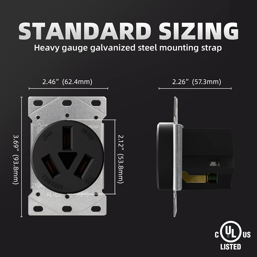 STANDARD SIZING  
Heavy gauge galvanized steel mounting strap  

- 2.46" (62.4mm)  
- 2.26" (57.3mm)  
- 3.69" (93.8mm)  
- 2.12" (53.8mm)  

UL US LISTED  
NEMA 2104  
725/250V  
AL-CU  
309821  
10:503  
5DA  
75C