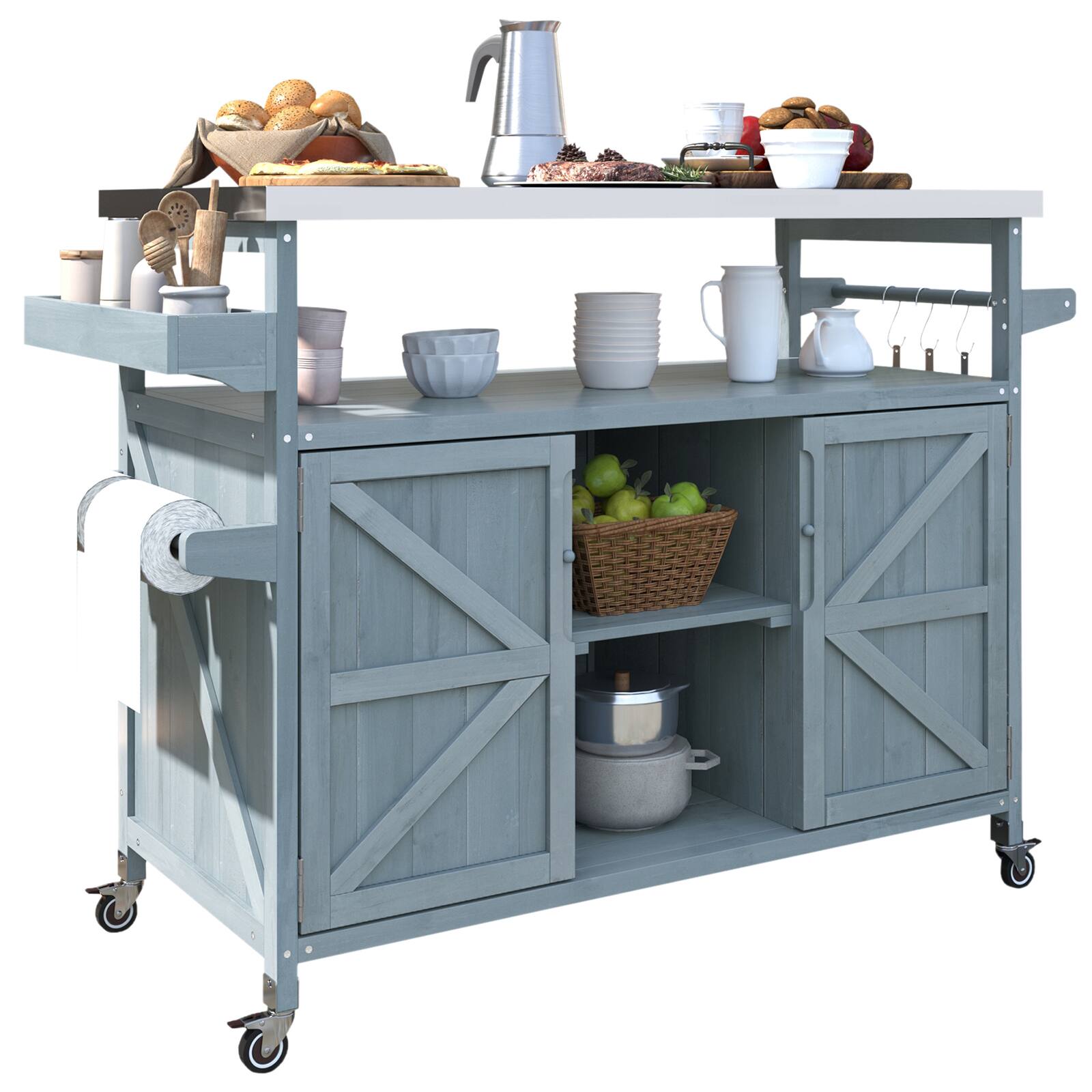 Alt View 8. Chateau Abodes - Outdoor Kitchen Island with Stainless Steel Top, Farmhouse Solid Wood Cabinet, Spice Rack & Towel Rack - Grey Blue.