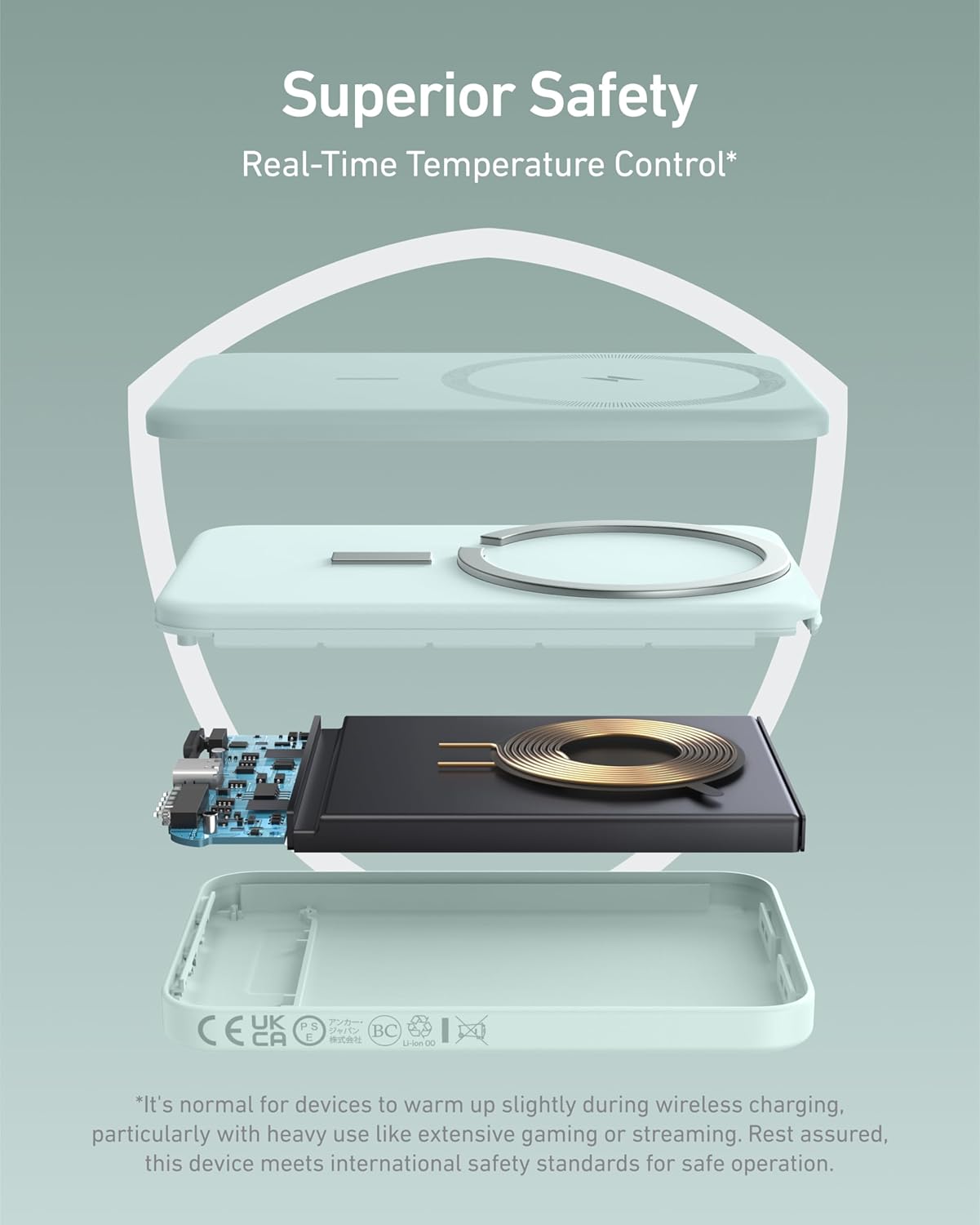 Superior Safety  
Real-Time Temperature Control*

*It's normal for devices to warm up slightly during wireless charging, particularly with heavy use like extensive gaming or streaming. Rest assured, this device meets international safety standards for safe operation.