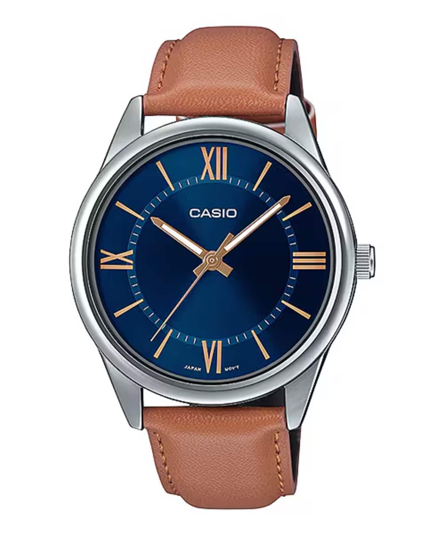 Casio - Men’s Leather Watch with Blue Dial - MTP-V005L-2B5UDF - Brown