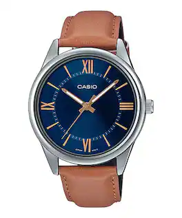 Casio - Men’s Leather Watch with Blue Dial - MTP-V005L-2B5UDF - Brown