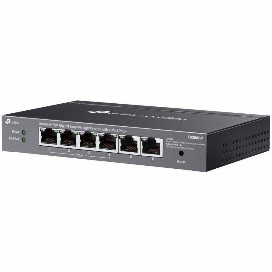 tp-link Omada 6-Port Gigabit Easy Managed Switch with 4-Port PoE+  
ES206GP  
Power  
PoE Max  
1 2 3 PoE+ 4 5 6  
Reset