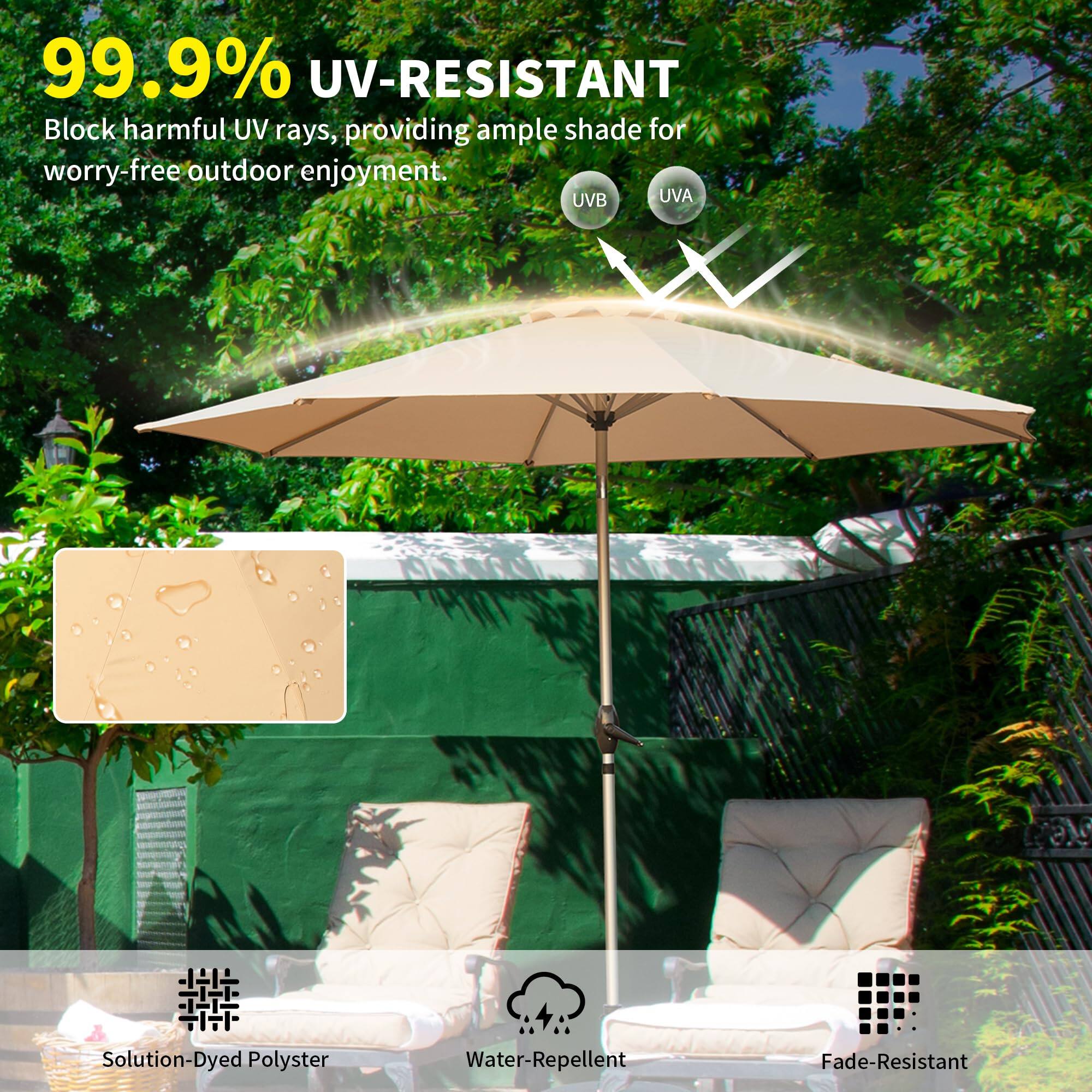99.9% UV-RESISTANT  
Block harmful UV rays, providing ample shade for worry-free outdoor enjoyment.  

Solution-Dyed Polyester  
Water-Repellent  
Fade-Resistant  

UVB  
UVA