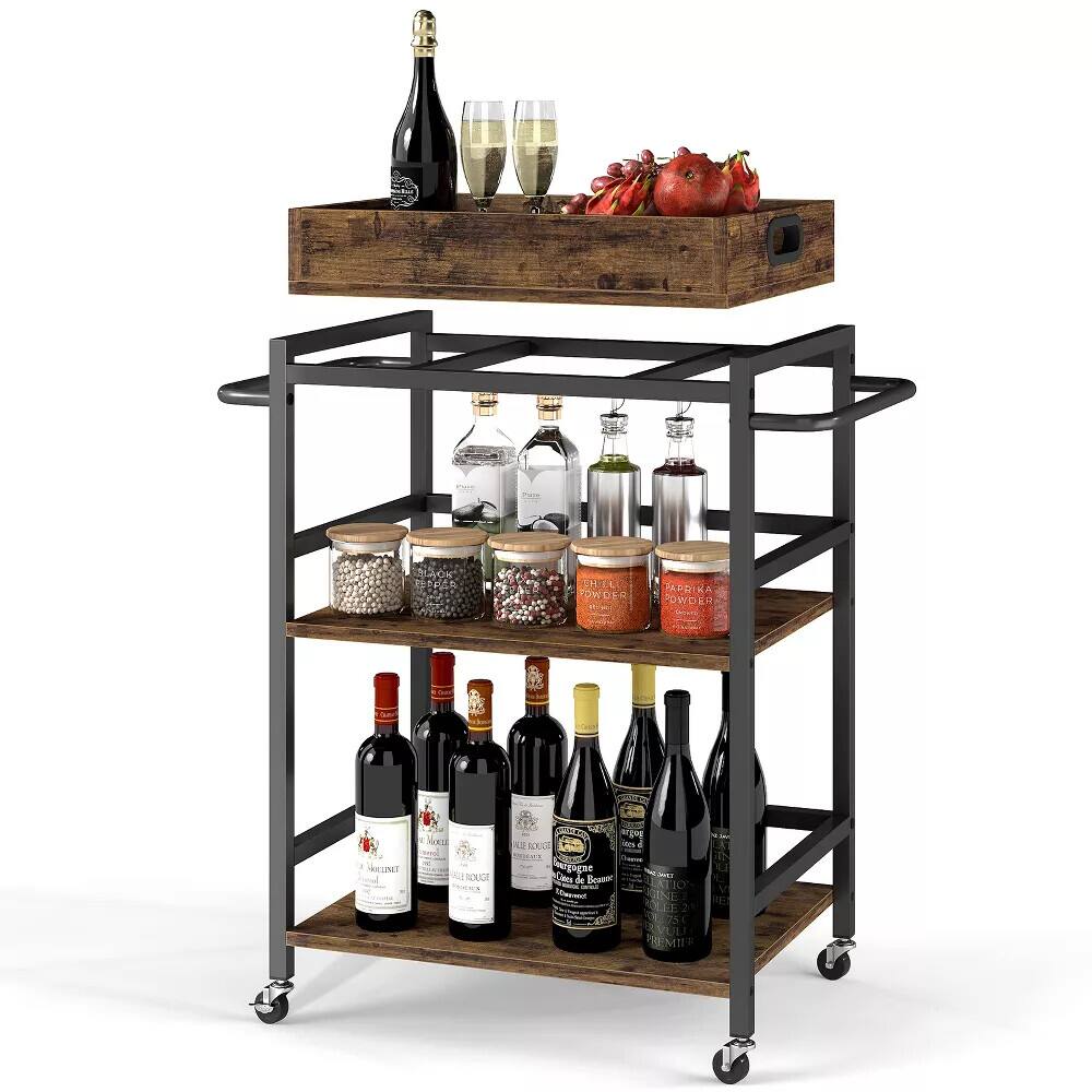SKONYON - 3 Tier Rolling Kitchen Cart with Storage Lockable Wheels Removable Tray Metal Frame and Wood Shelves - Brown