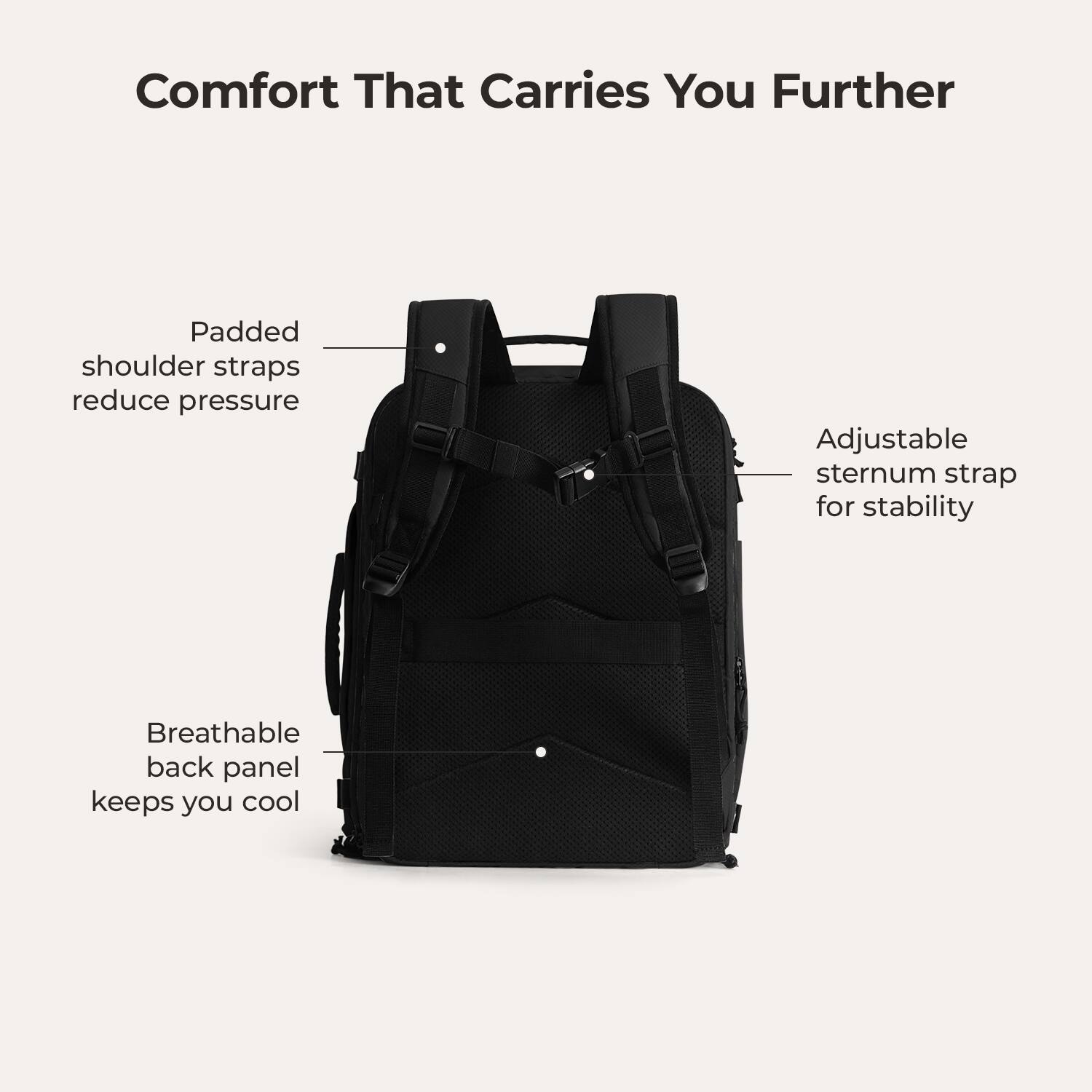Comfort That Carries You Further

- Padded shoulder straps reduce pressure
- Adjustable sternum strap for stability
- Breathable back panel keeps you cool