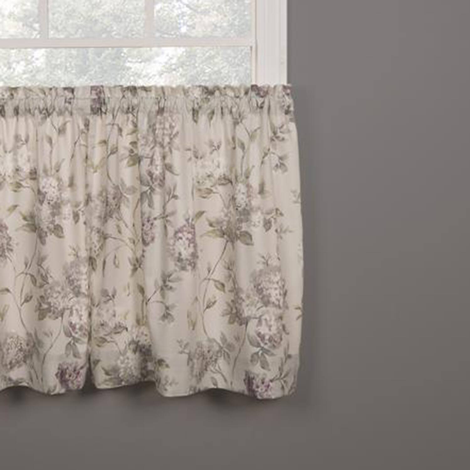 Angle. Ellis Curtain - Ellis Curtain Abigail Design Printed Room Darkening 2-Piece Window Rod Pocket Pair Set With 2 Tiers - 56x36" Lilac - Lilac.