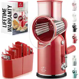Zulay Kitchen - Classic Rotary Cheese Grater with 5 Blades, Reinforced Suction, and 5 Interchangeable Drums - Red