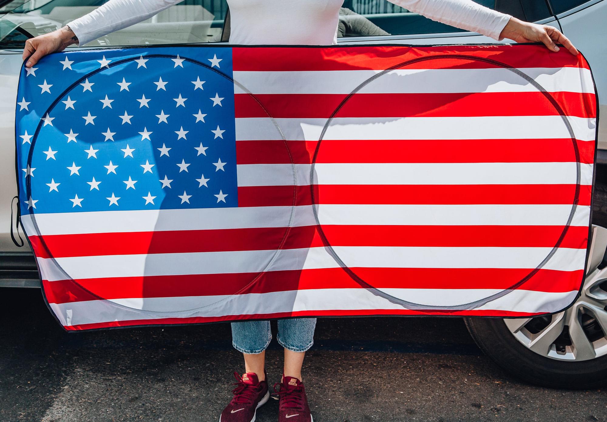 Alt View 2. Surreal Entertainment - American Flag Sunshade for Car Windshield | 64 x 32 Inches - Red.
