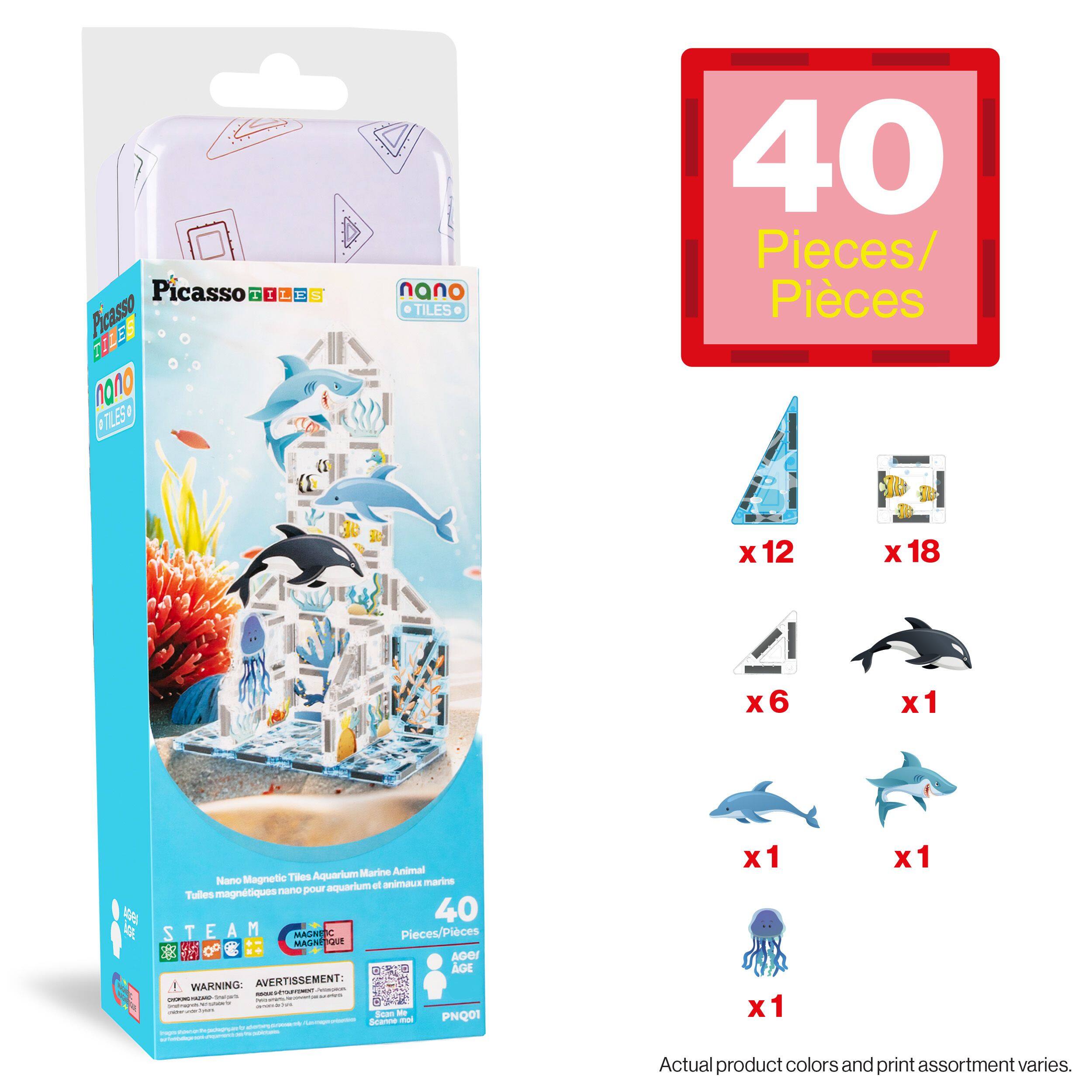 Picasso Tiles  
Nano Magnetic Tiles Aquarium Marine Animal  
40 Pieces/Pièces  
- 12 x 18  
- 6 x 1  
- 1 x Dolphin  
- 1 x Shark  
- 1 x Octopus  
- 1 x Whale  
- 1 x Fish  
- 1 x Coral  

STEAM MANER  
WARNING: AVERTISSEMENT:  
Actual product colors and print assortment varies.