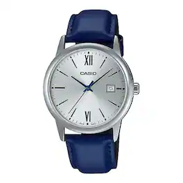 Casio - Men’s Silver Dial Analog Watch with Leather Strap - MTP-V002L-2B3UDF - Blue