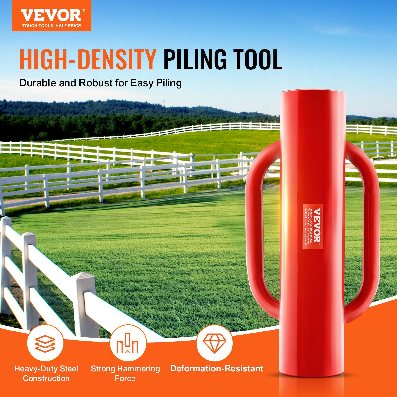 VEVOR TOUGH TOOLS, HALF PRICE HIGH-DENSITY PILING TOOL  
Durable and Robust for Easy Piling  

VEVOR Heavy-Duty Steel Strong Hammering Deformation-Resistant Construction Force