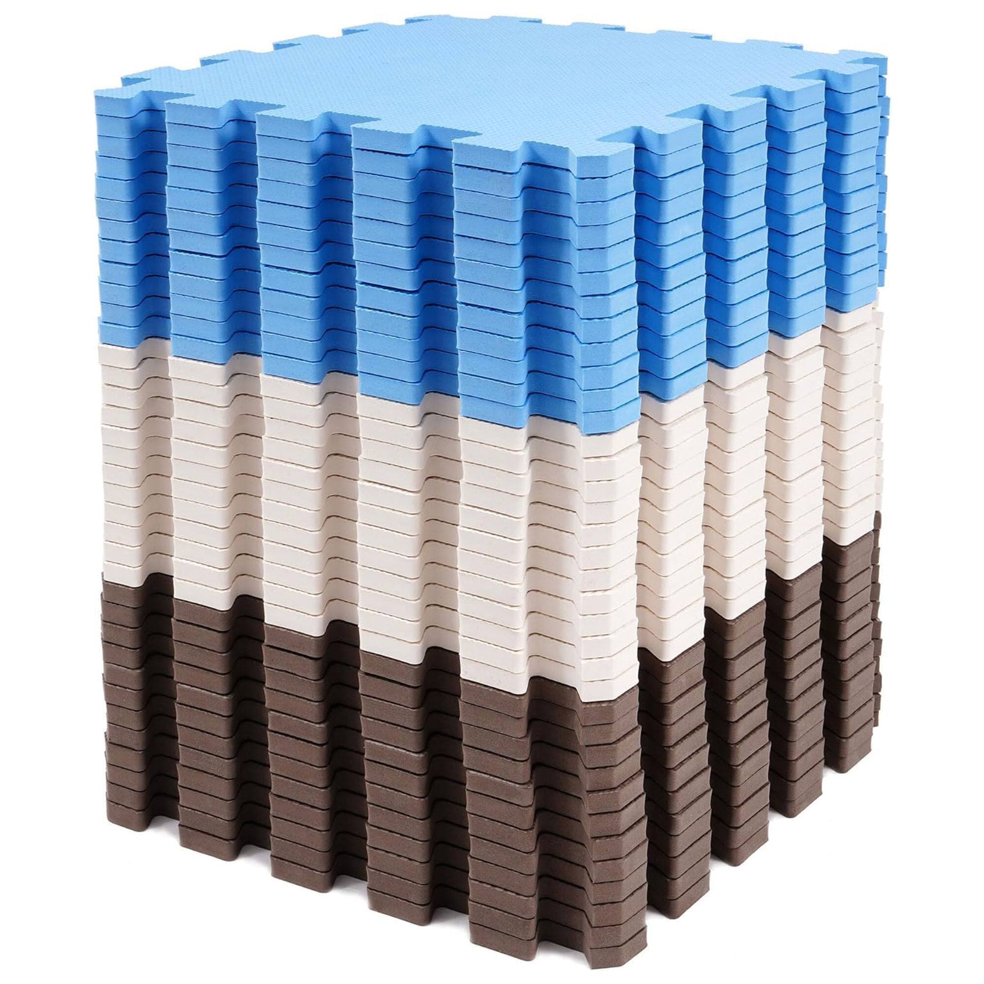 BalanceFrom Fitness - 16 Tile Thick Interlocking Puzzle Foam Exercise Play Mat - Blue/Brown/Beige