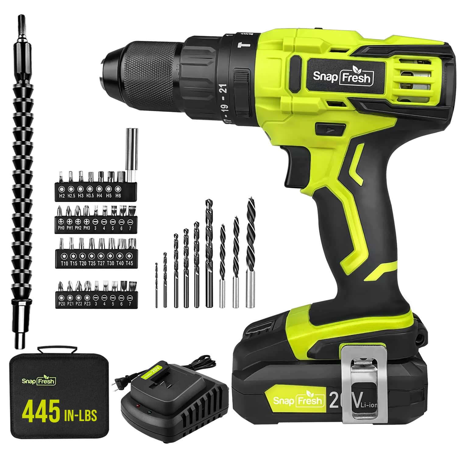 SnapFresh - 20V Cordless Impact Drill, 445 in-lbs Torque, 2-Speed, 1/2" Quick-Change Chuck, 2.0Ah Battery & Fast Charger I - Green