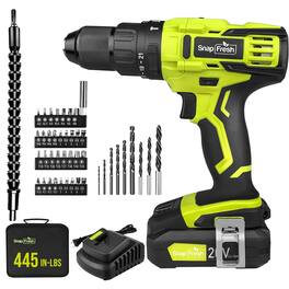 SnapFresh - 20V Cordless Impact Drill, 445 in-lbs Torque, 2-Speed, 1/2" Quick-Change Chuck, 2.0Ah Battery & Fast Charger I - Green