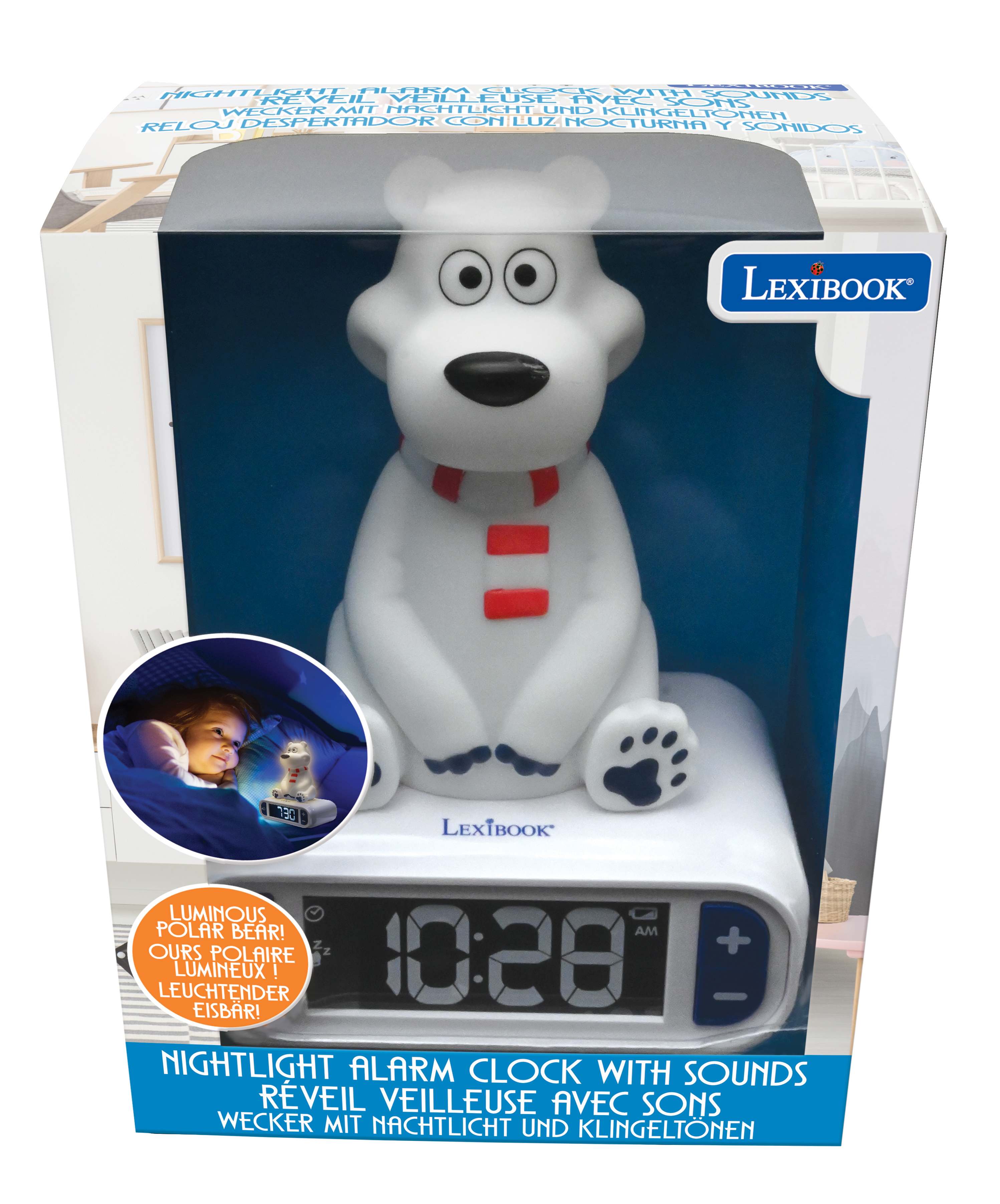 I HIGHTI CtT ALARM CLOCK WITH SOUNDS RVEIL VEILLEUSE AVEC SONS WECKER MIT NACHTLICHT UND KLINGELTONEN RELOJ DESPERTADOR CON LUZ NOCTURNA Y SONIDOS LEXIBOOK 130 LEXTBOOK LUMINOUS POLAR BEAR! OURS POLAIRE LUMINEUX LEUCHTENDER EISBAR! NIGHTLIGHT ALARM CLOCK WITH SOUNDS RVEIL VEILLEUSE AVEC SONS WECKER MIT NACHTLICHT UND KLINGELTONEN