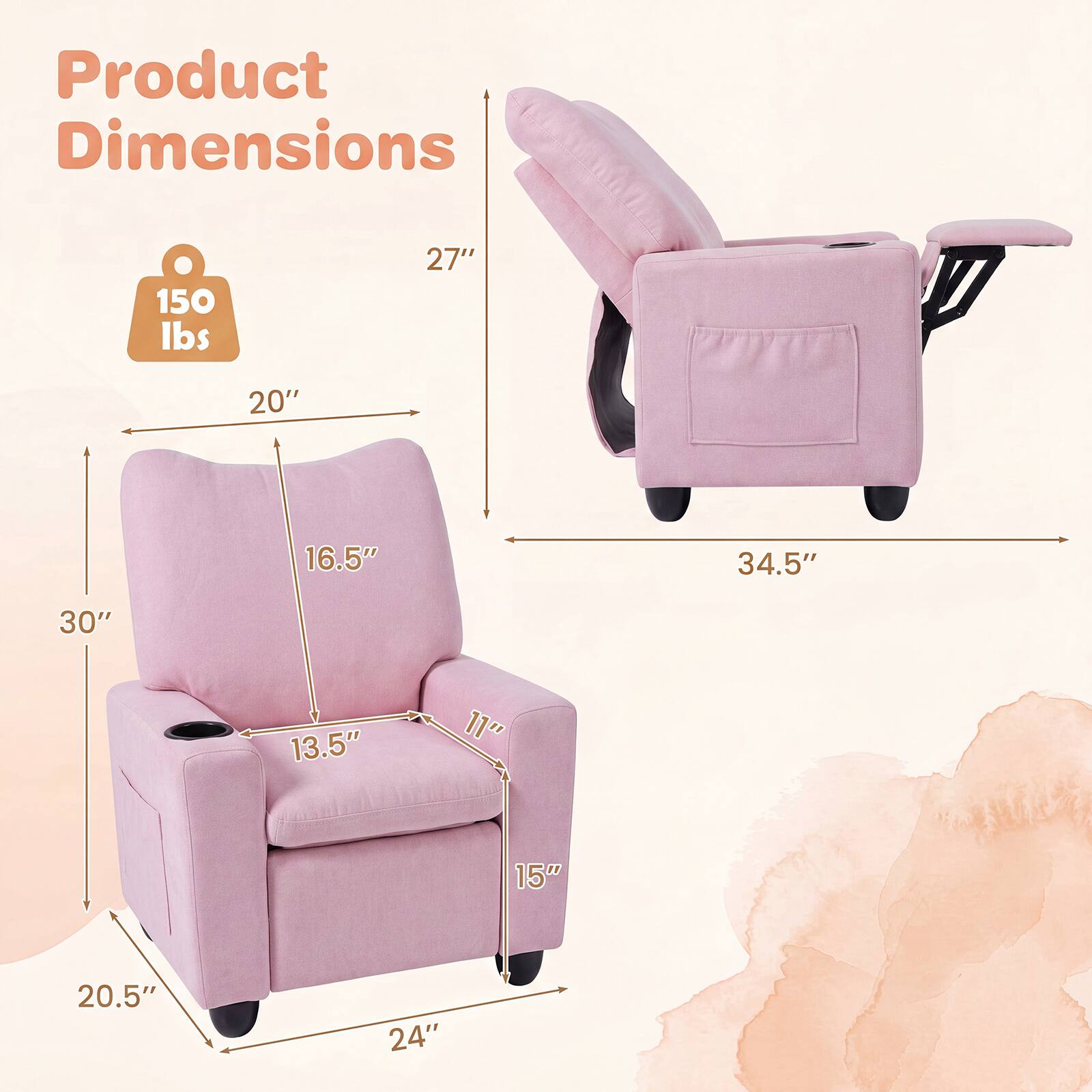 Product Dimensions: 150 lbs, 27", 20", 16.5", 34.5", 30", 13.5", 11", 15", 20.5", 24"