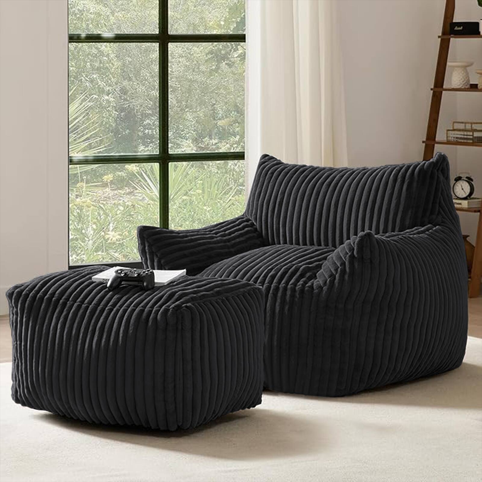 Front. LOVMOR - Compact Flannelette Bean Bag Chairs For Apartment Reading Lounge Soft Touch Small Space Indoor Seating Comfort - Black.