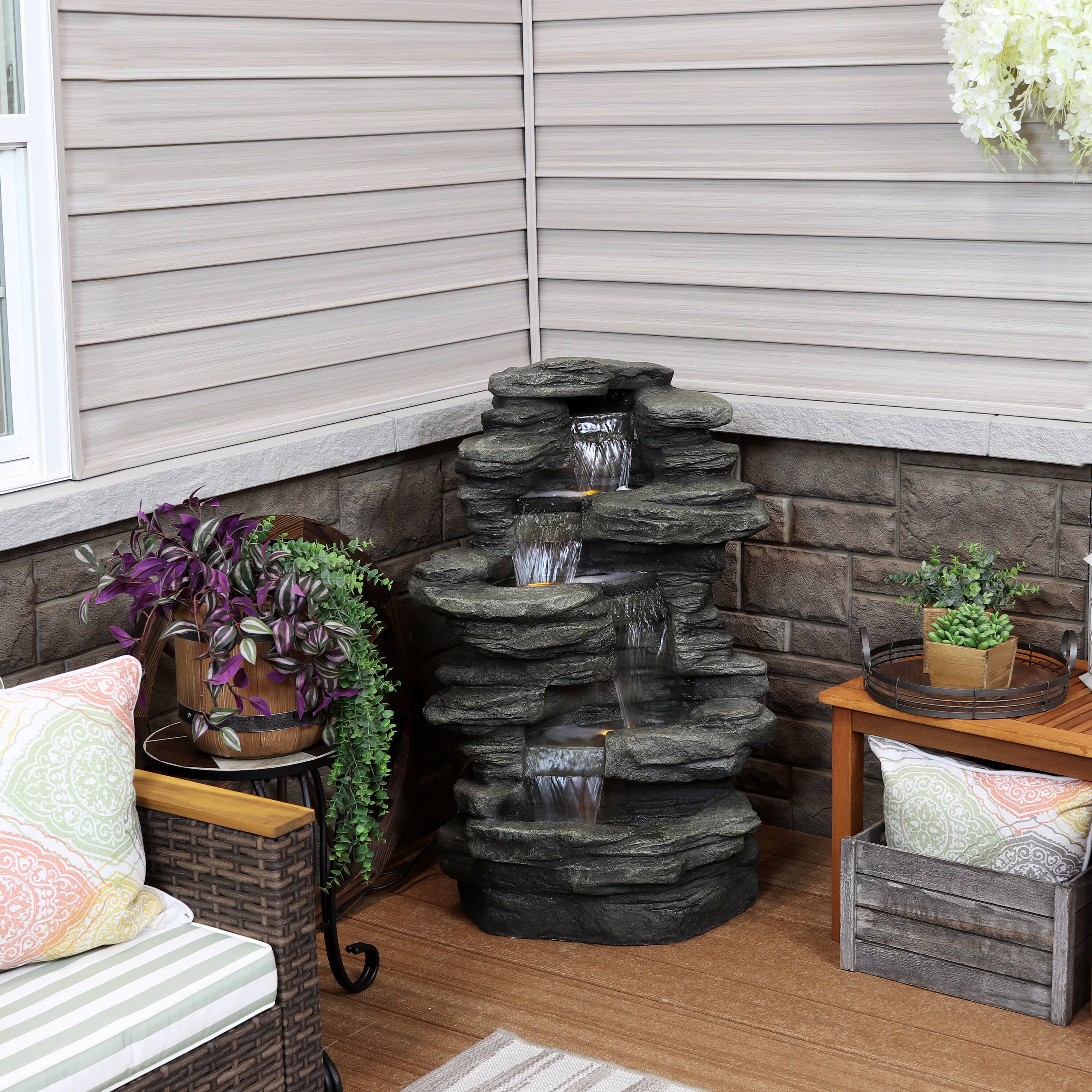 Alt View 5. Sunnydaze - Electric Stacked Shale Water Fountain with LED Lights - 38 in - Grey.