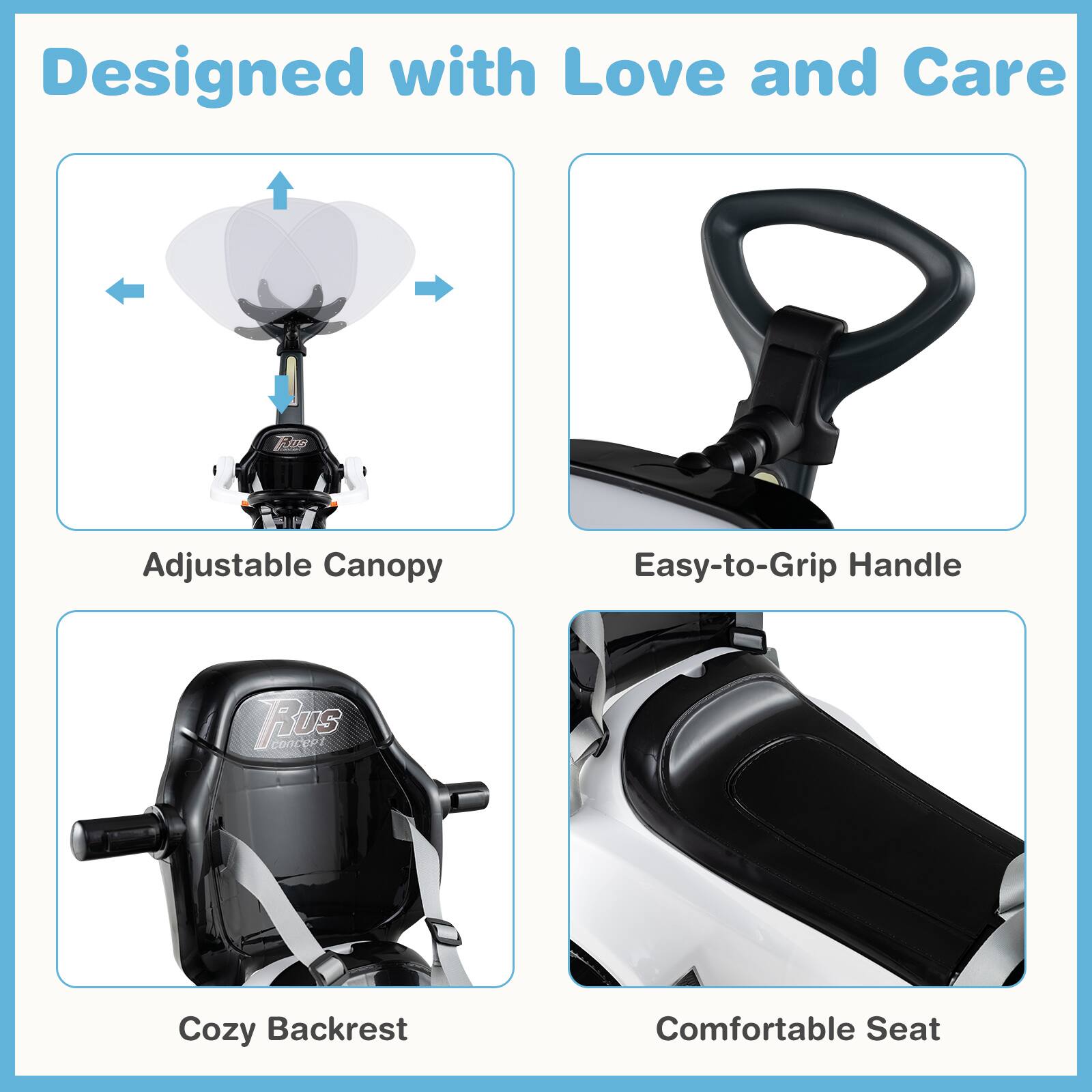 Designed with Love and Care

- Adjustable Canopy
- Easy-to-Grip Handle
- Cozy Backrest
- Comfortable Seat