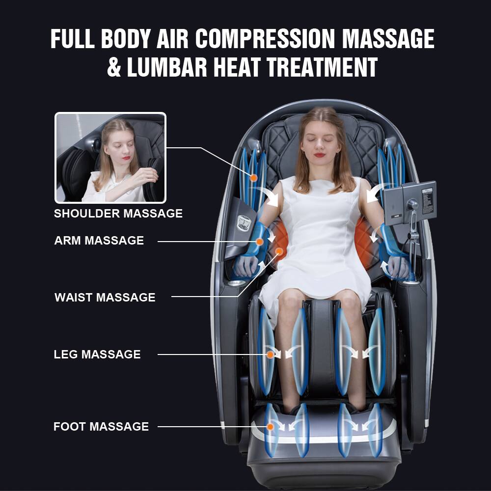FULL BODY AIR COMPRESSION MASSAGE & LUMBAR HEAT TREATMENT

- SHOULDER MASSAGE
- ARM MASSAGE
- WAIST MASSAGE
- LEG MASSAGE
- FOOT MASSAGE