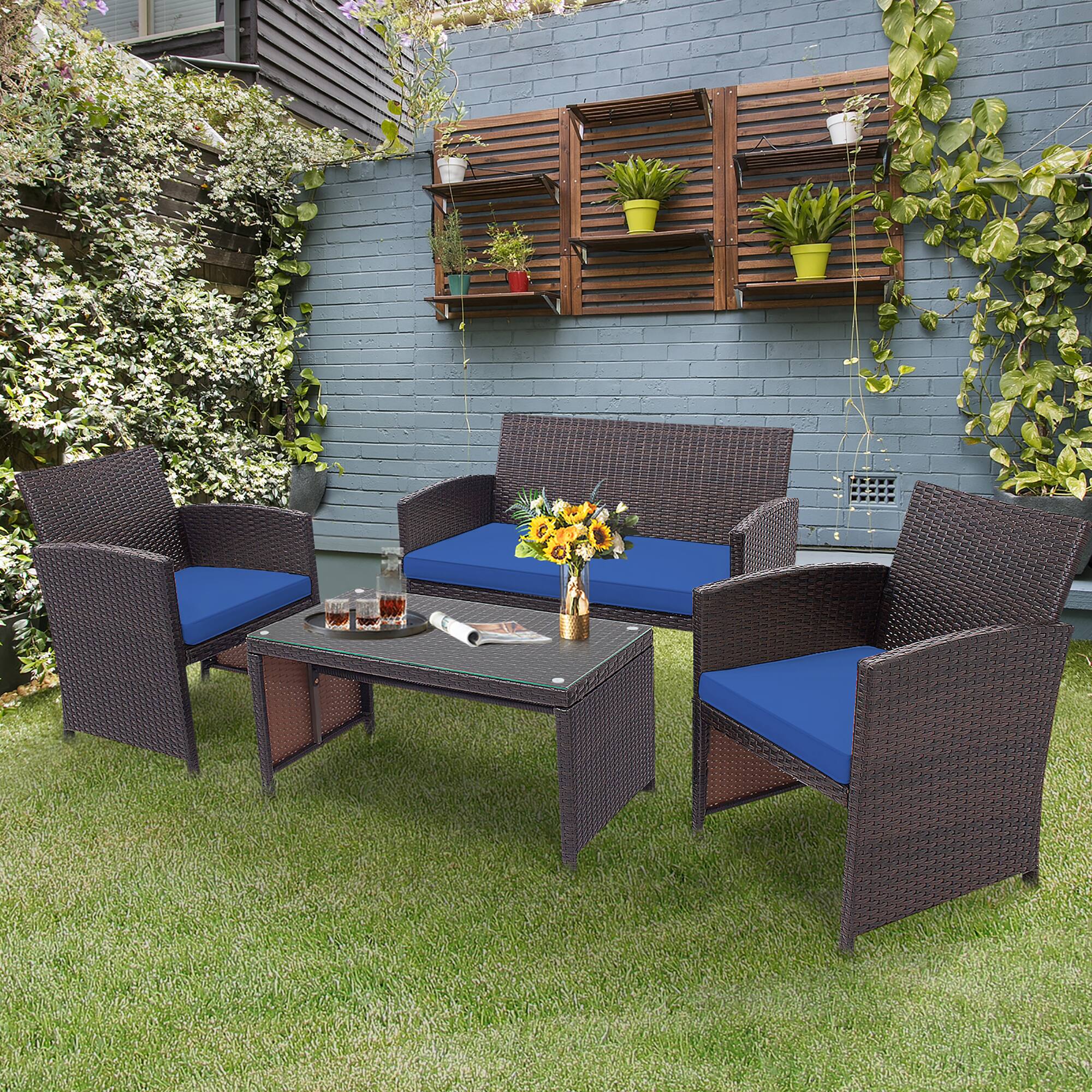 Alt View 1. Costway - Costway 4PCS Patio Rattan Furniture Set Cushioned Chair Sofa Coffee Table - Navy.