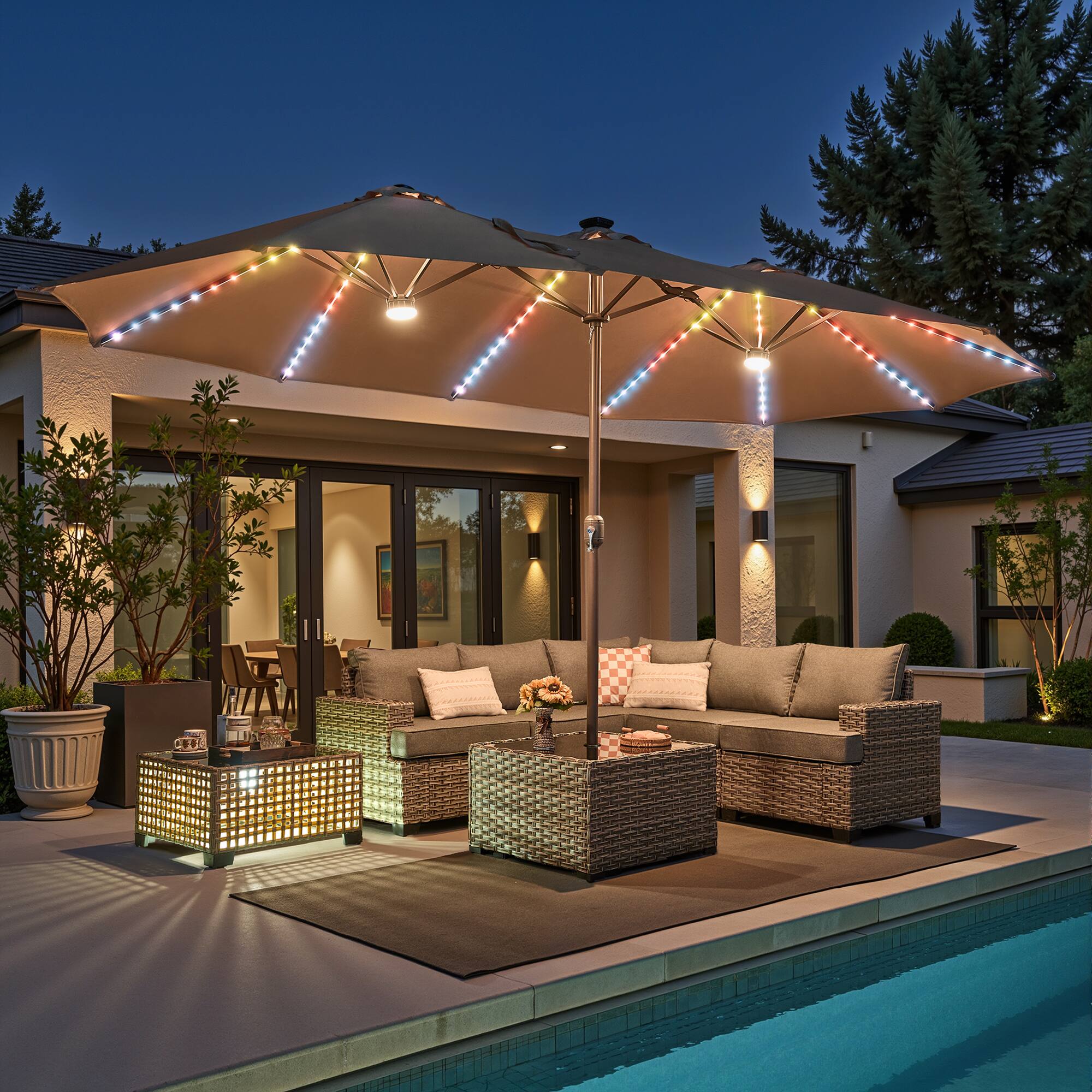 Front. Ovios - 15ft Large Patio Umbrella with Base Outdoor Market Umbrella with Color-Changing Solar LED Lights - Khaki.