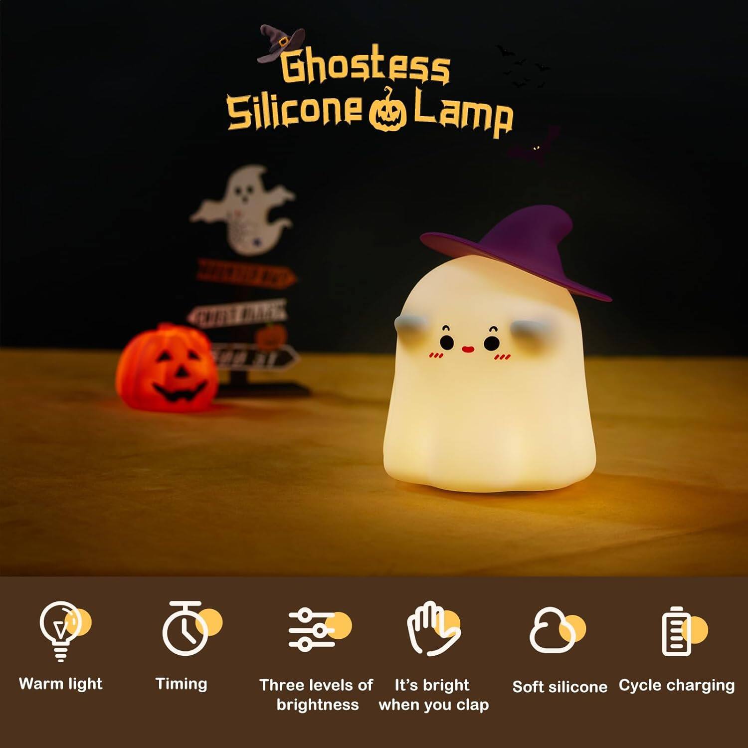 Ghostess Silicone Lamp

- Warm light
- Timing
- Three levels of brightness
- It's bright when you clap
- Soft silicone
- Cycle charging