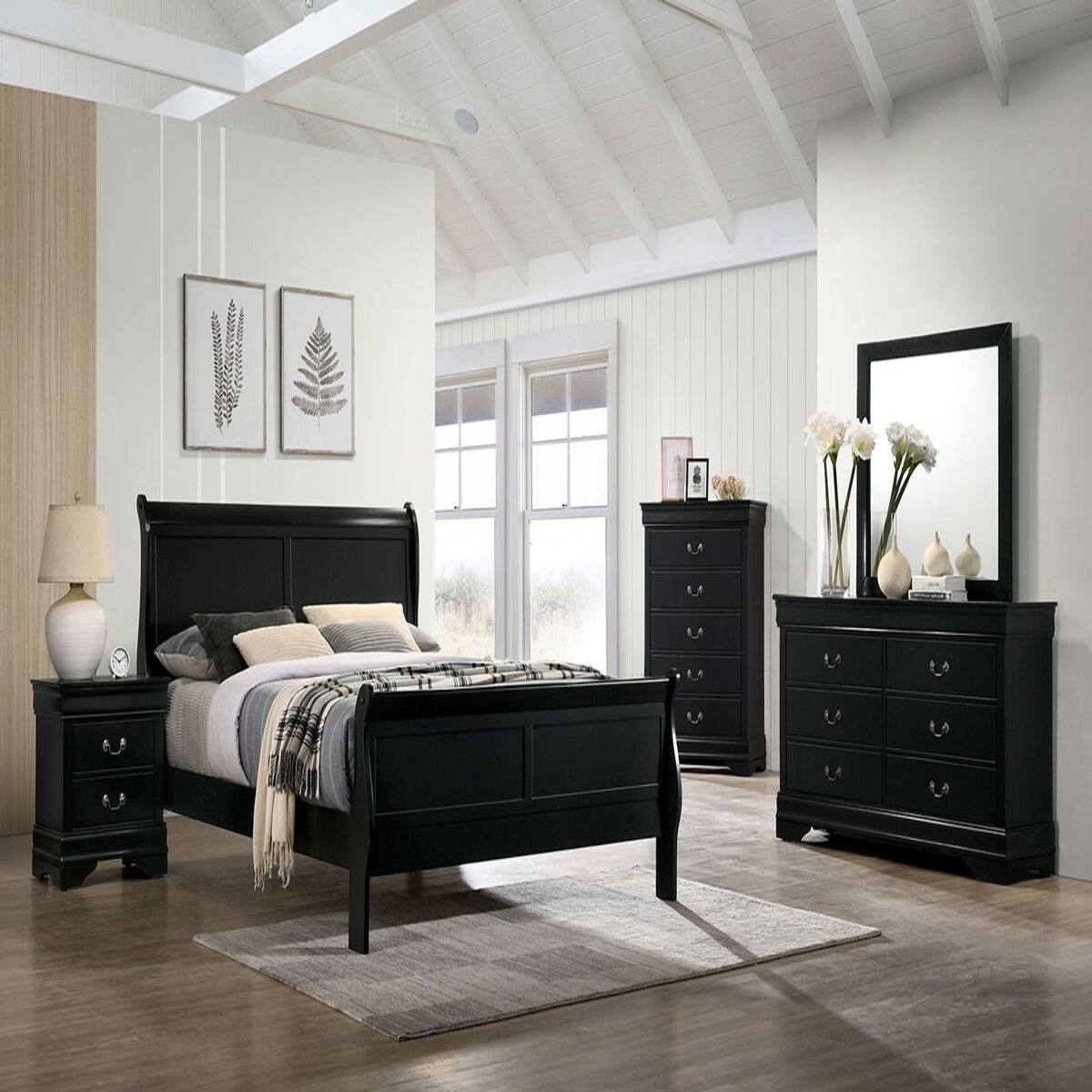 Alt View 4. Loheer - Loheer Black Solid Wood Nightstand with Two Drawers for Bedroom Storage - Black.