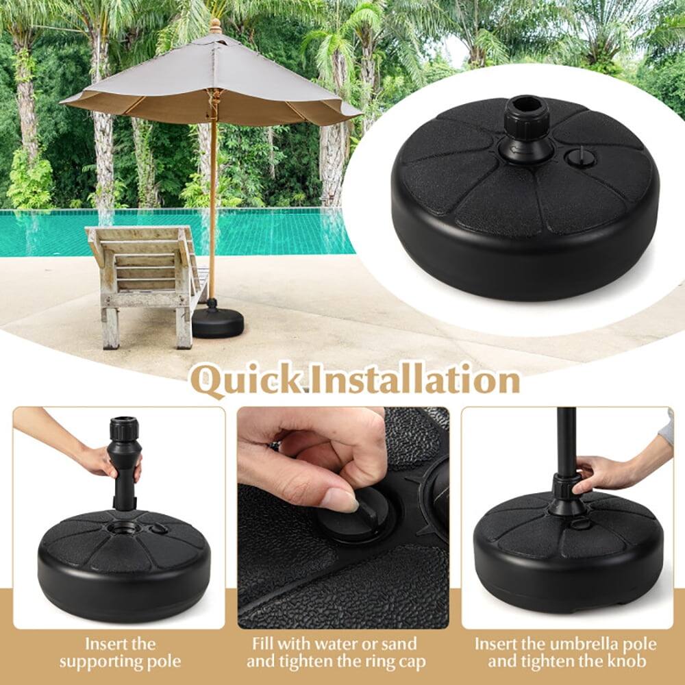 Quick Installation

1. Insert the supporting pole
2. Fill with water or sand and tighten the ring cap
3. Insert the umbrella pole and tighten the knob