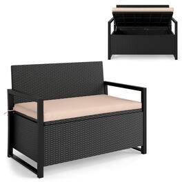 Gymax - Patio Storage Bench Wicker Loveseat w/ Built-in Storage & Long Seat Cushion Outdoor Beige - Black