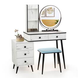 SlickBlue - Vanity Table with 3-Color Adjustable Mirror and Cushioned Stool - White