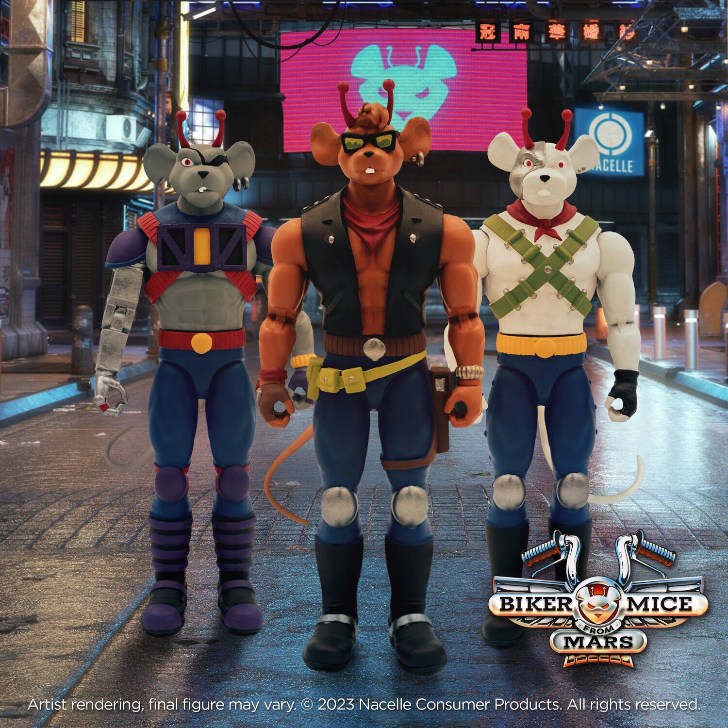 1. Biker Mice from Mars  
   Artist rendering, final figure may vary.  
   © 2023 Nacelle Consumer Products. All rights reserved.

2. Biker Mice from Mars  
   Artist rendering, final figure may vary.  
   © 2023 Nacelle Consumer Products. All rights reserved.