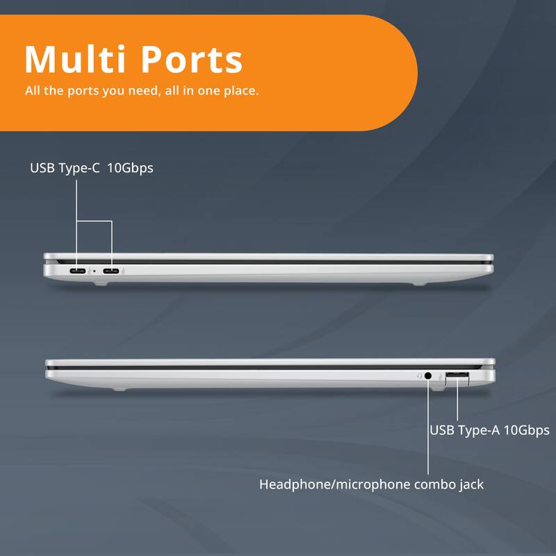 Multi Ports  
All the ports you need, all in one place.  

USB Type-C 10Gbps  
USB Type-A 10Gbps  
Headphone/microphone combo jack