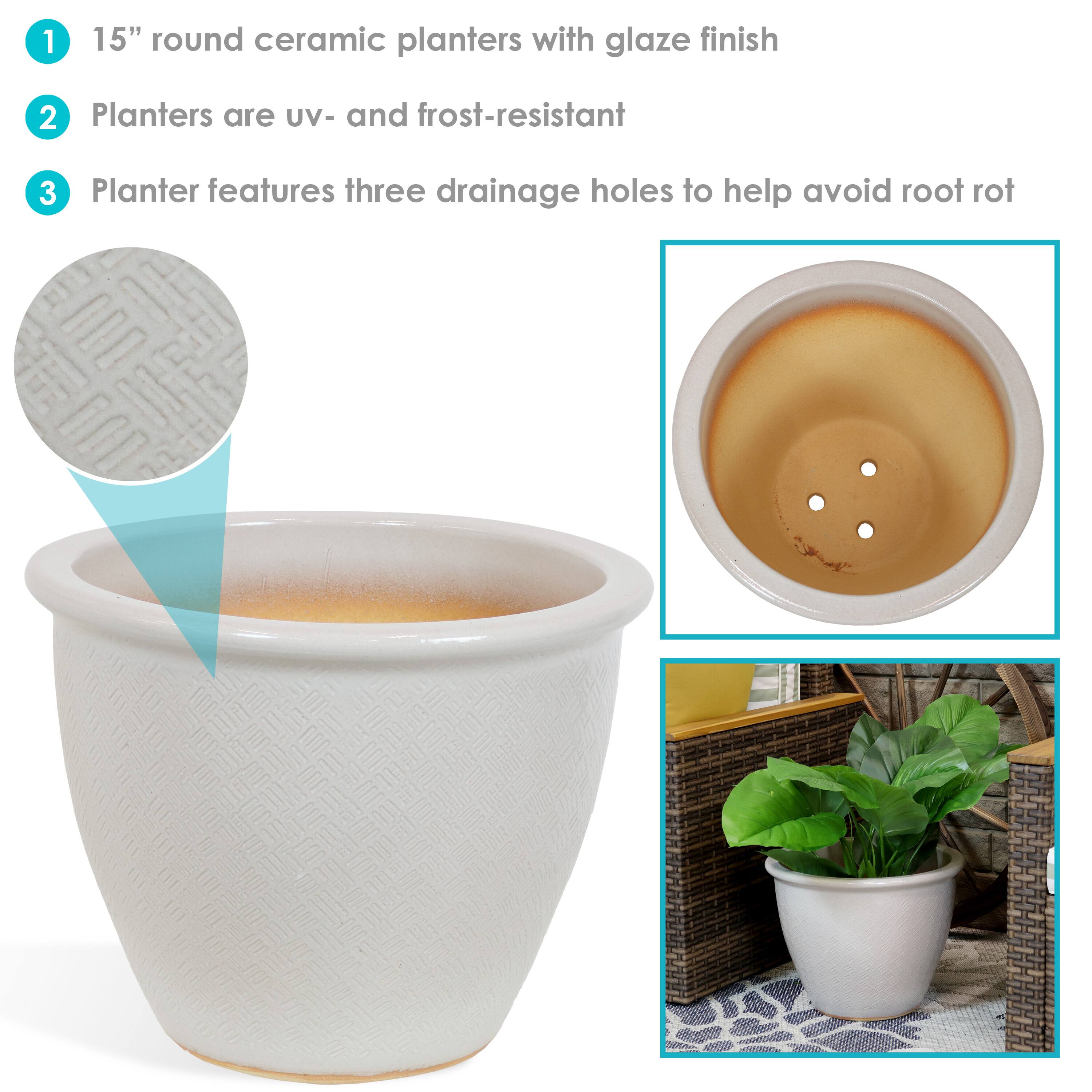 1. 15" round ceramic planters with glaze finish  
2. Planters are UV- and frost-resistant  
3. Planter features three drainage holes to help avoid root rot