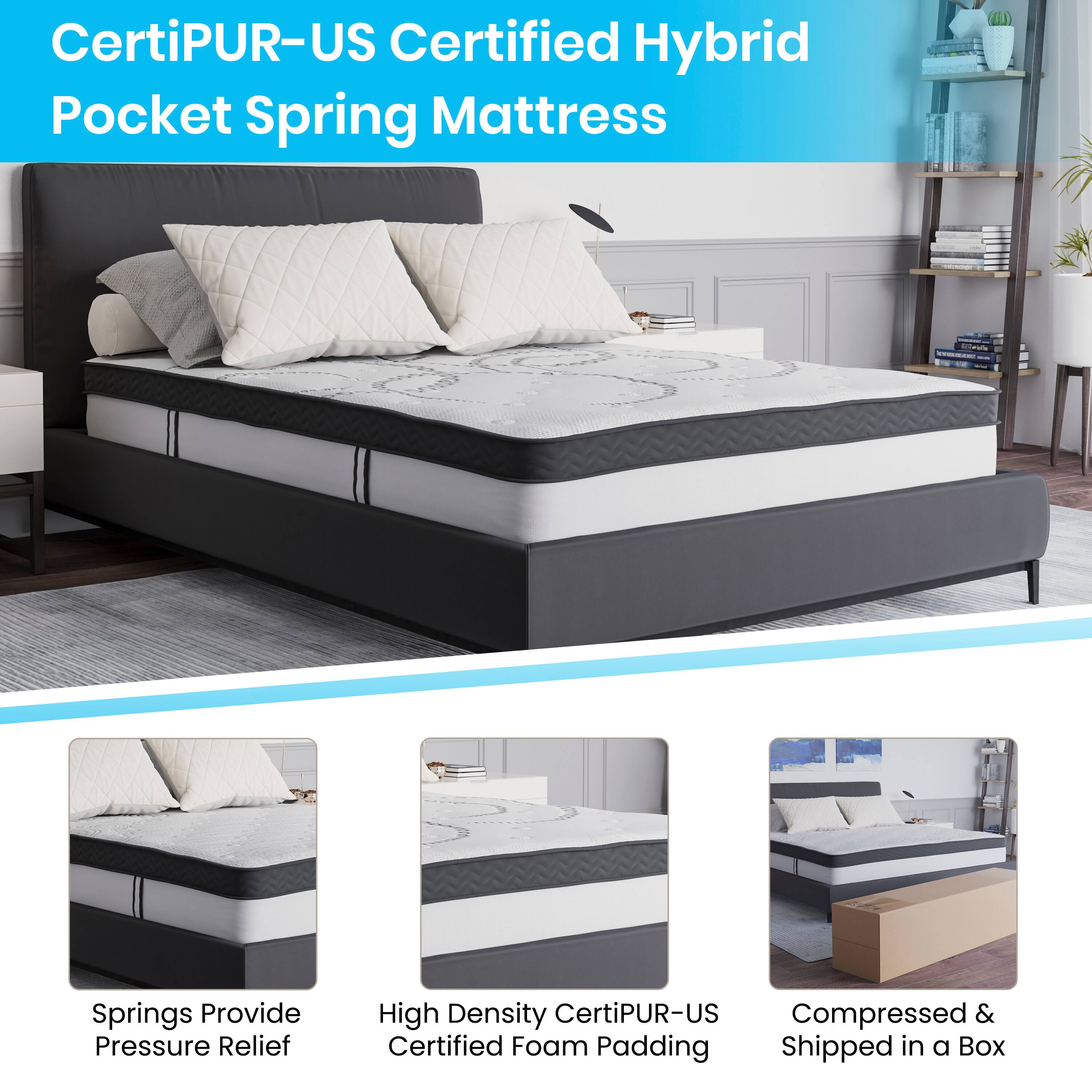CertiPUR-US Certified Hybrid Pocket Spring Mattress

- Springs Provide Pressure Relief
- High Density CertiPUR-US Compressed & Certified Foam Padding
- Shipped in a Box