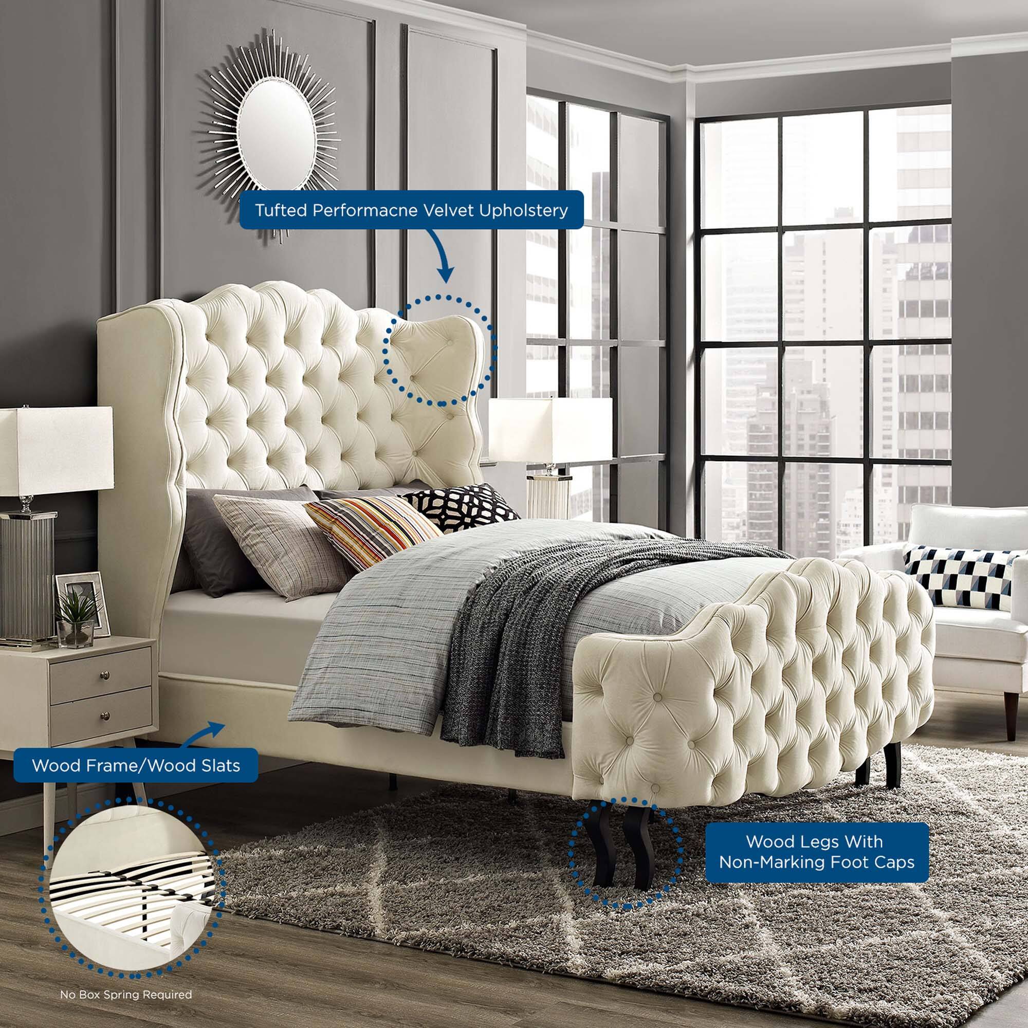 - Tufted Performance Velvet Upholstery
- Wood Frame/Wood Slats
- Wood Legs With Non-Marking Foot Caps
- No Box Spring Required