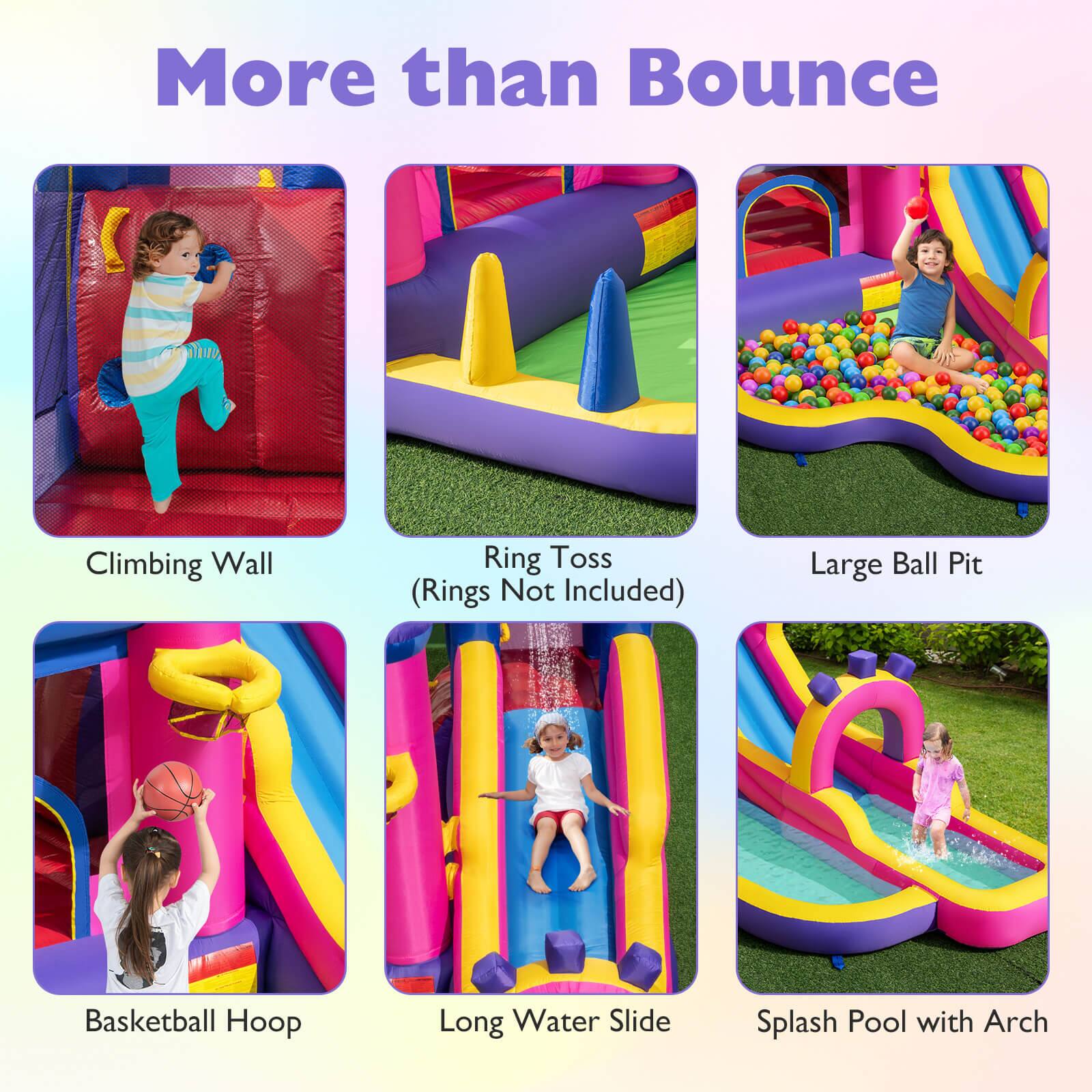 More than Bounce Climbing Wall Ring Toss (Rings Not Included) Large Ball Pit Basketball Hoop Long Water Slide Splash Pool with Arch