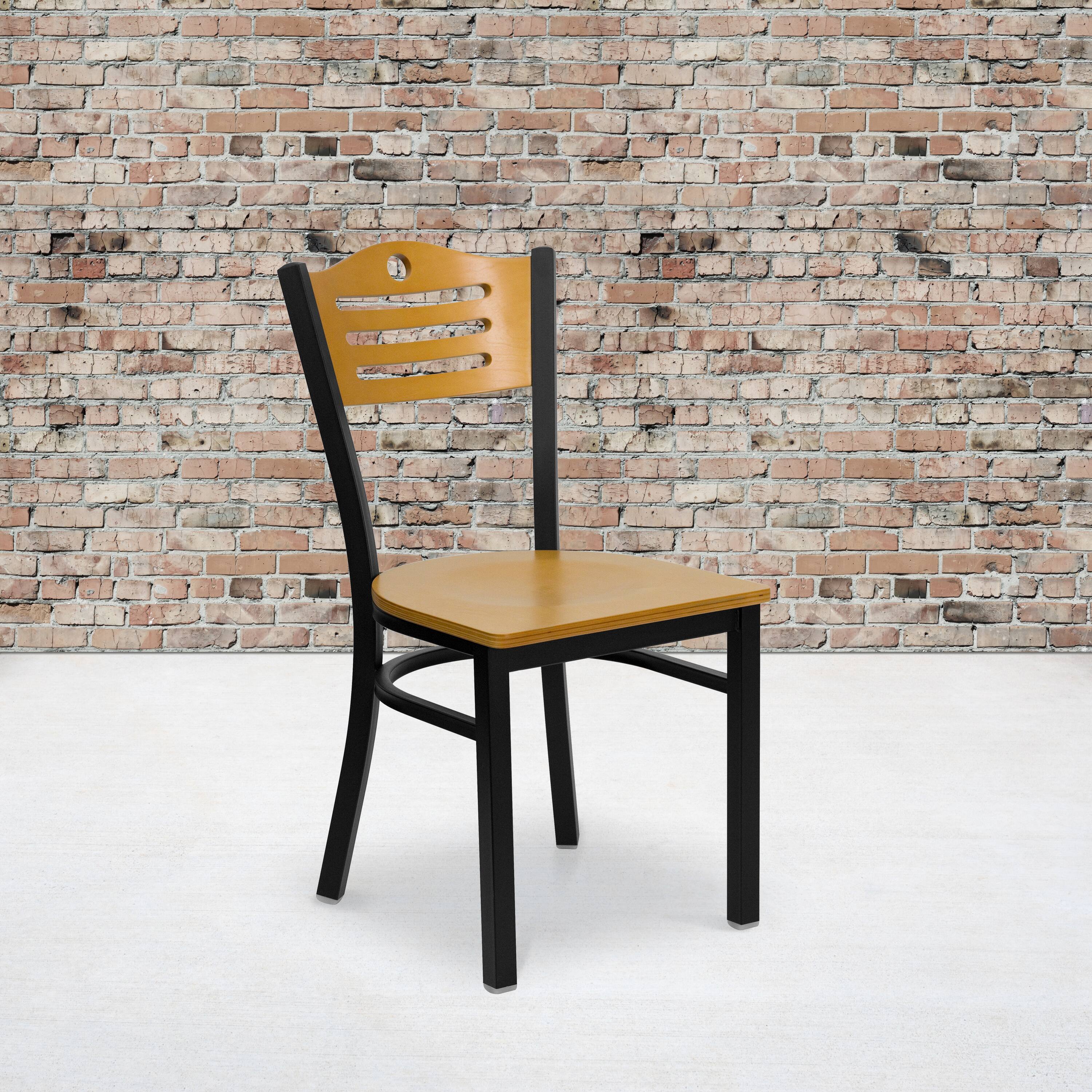 Alt View 2. Emma + Oliver - 2 Pack Slat Back Metal Restaurant Chair - Natural Wood Back/Natural Wood Seat/Black Metal.