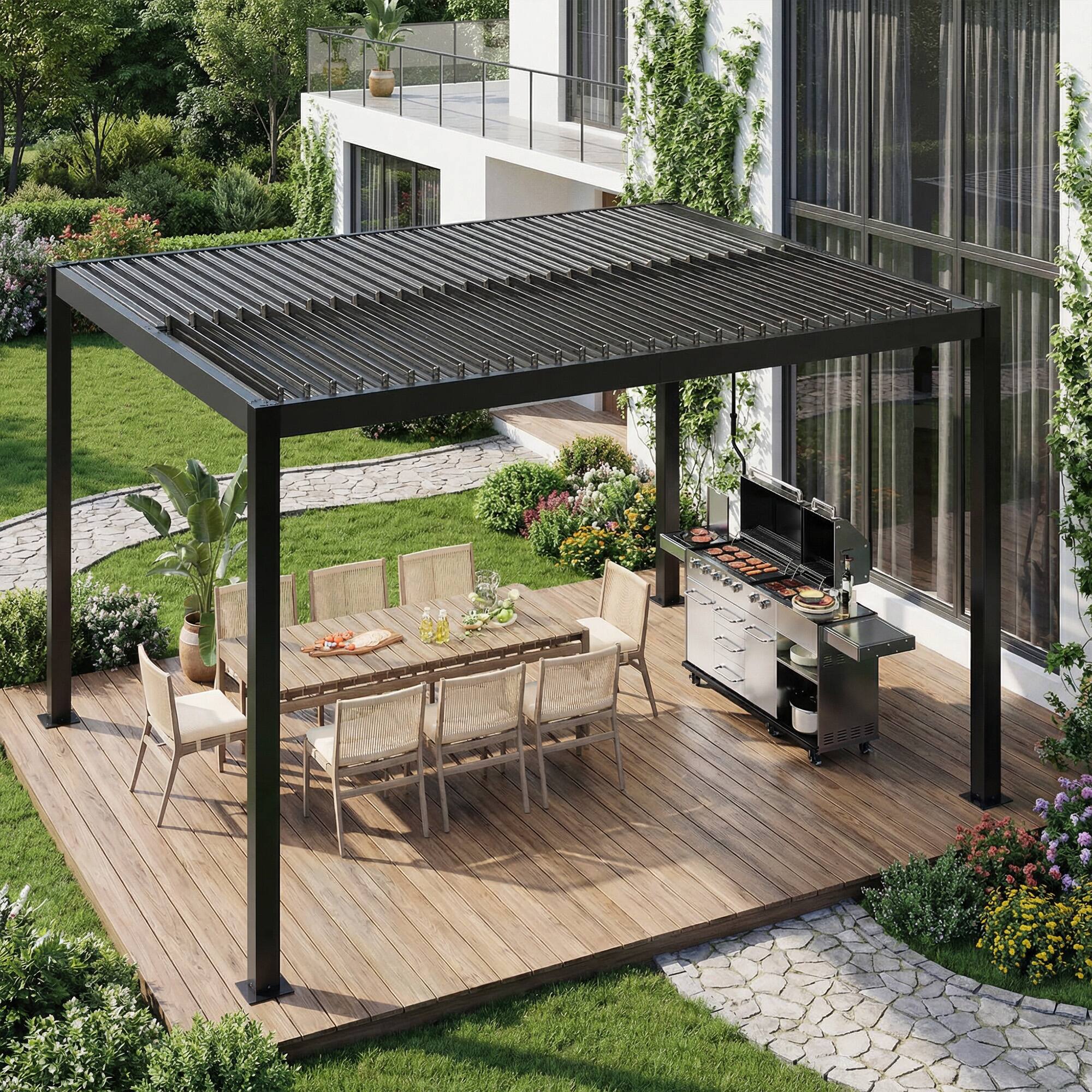 Angle. U-HOMY - 10' x 12' Louvered Pergola with Adjustable Roof & Drainage, Metal Outdoor Patio Gazebo.