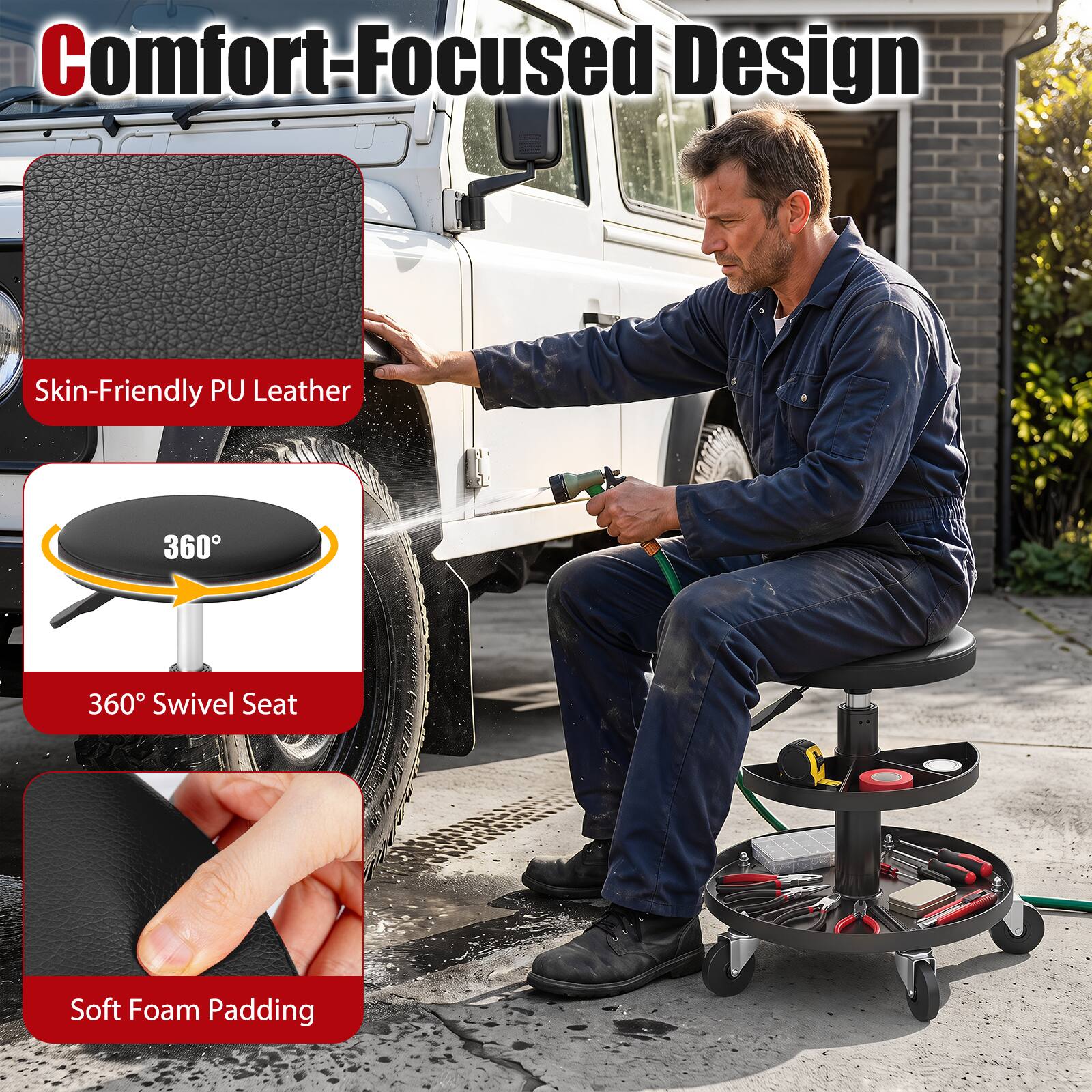 Comfort-Focused Design  
Skin-Friendly PU Leather  
360° Swivel Seat  
Soft Foam Padding