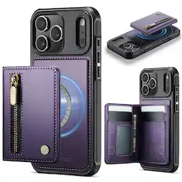 Dteck - Magnetic Wallet Phone Case for Apple iPhone 17 Pro Max,Detachable Zipper Card Holder RFID PU Leather Shockproof Cover - Purple