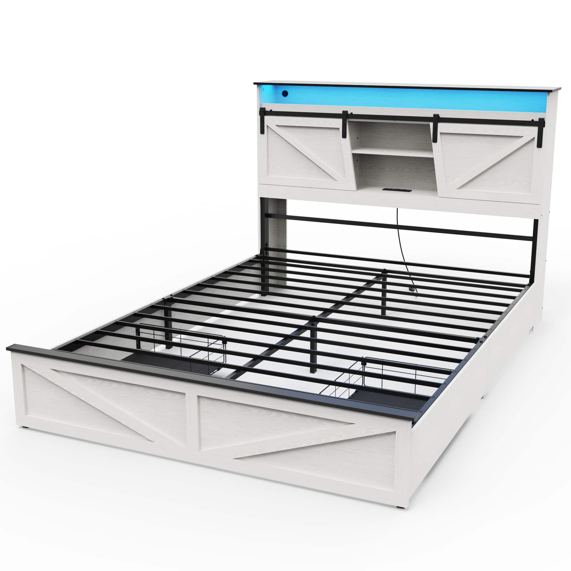 LUCKY ONE - Farmhouse Queen Size Bed Frame with Storage Headboard and Drawers,Charging Station & LED Lights - White