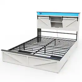 LUCKY ONE - Farmhouse Queen Size Bed Frame with Storage Headboard and Drawers,Charging Station & LED Lights - White