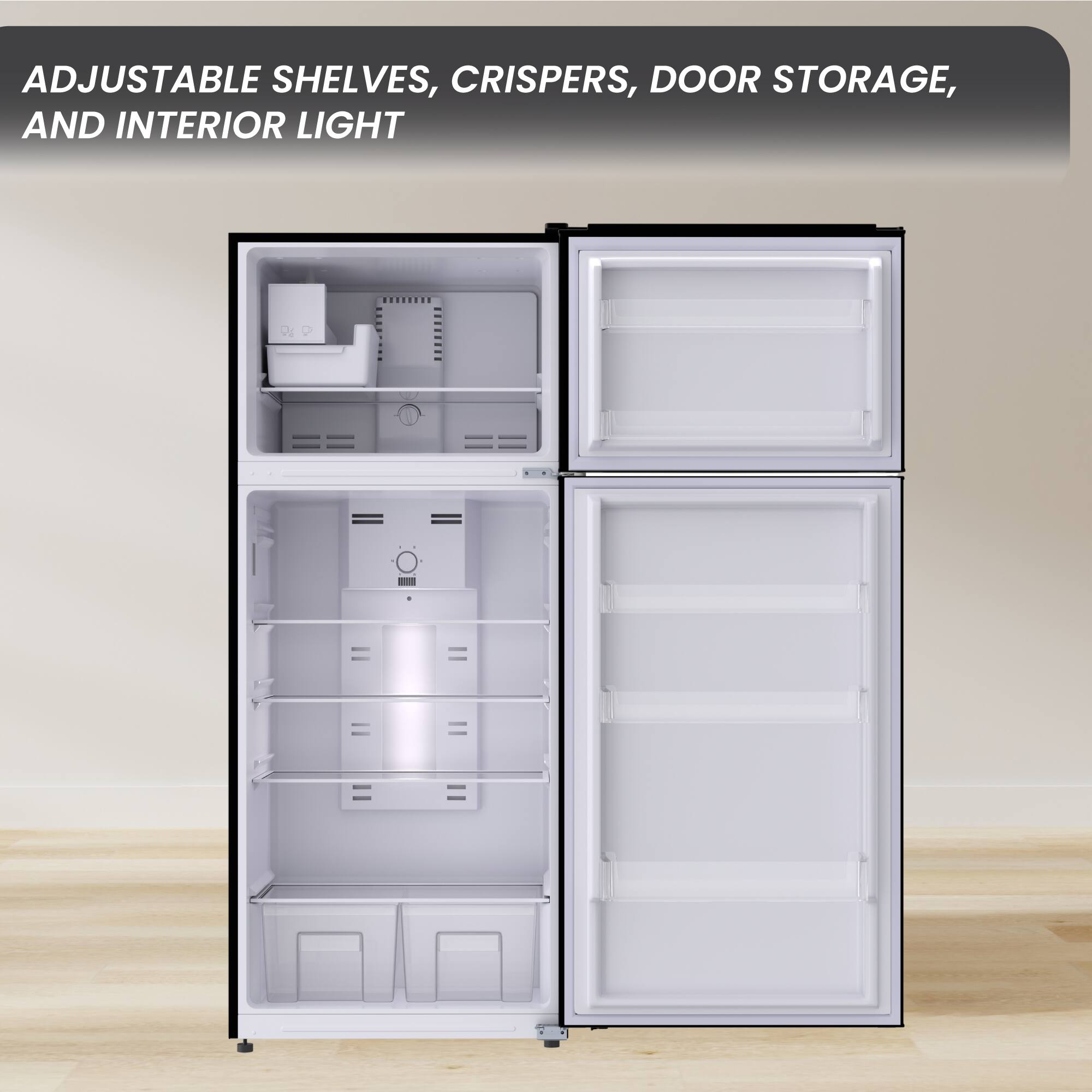ADJUSTABLE SHELVES, CRISPERS, DOOR STORAGE, AND INTERIOR LIGHT