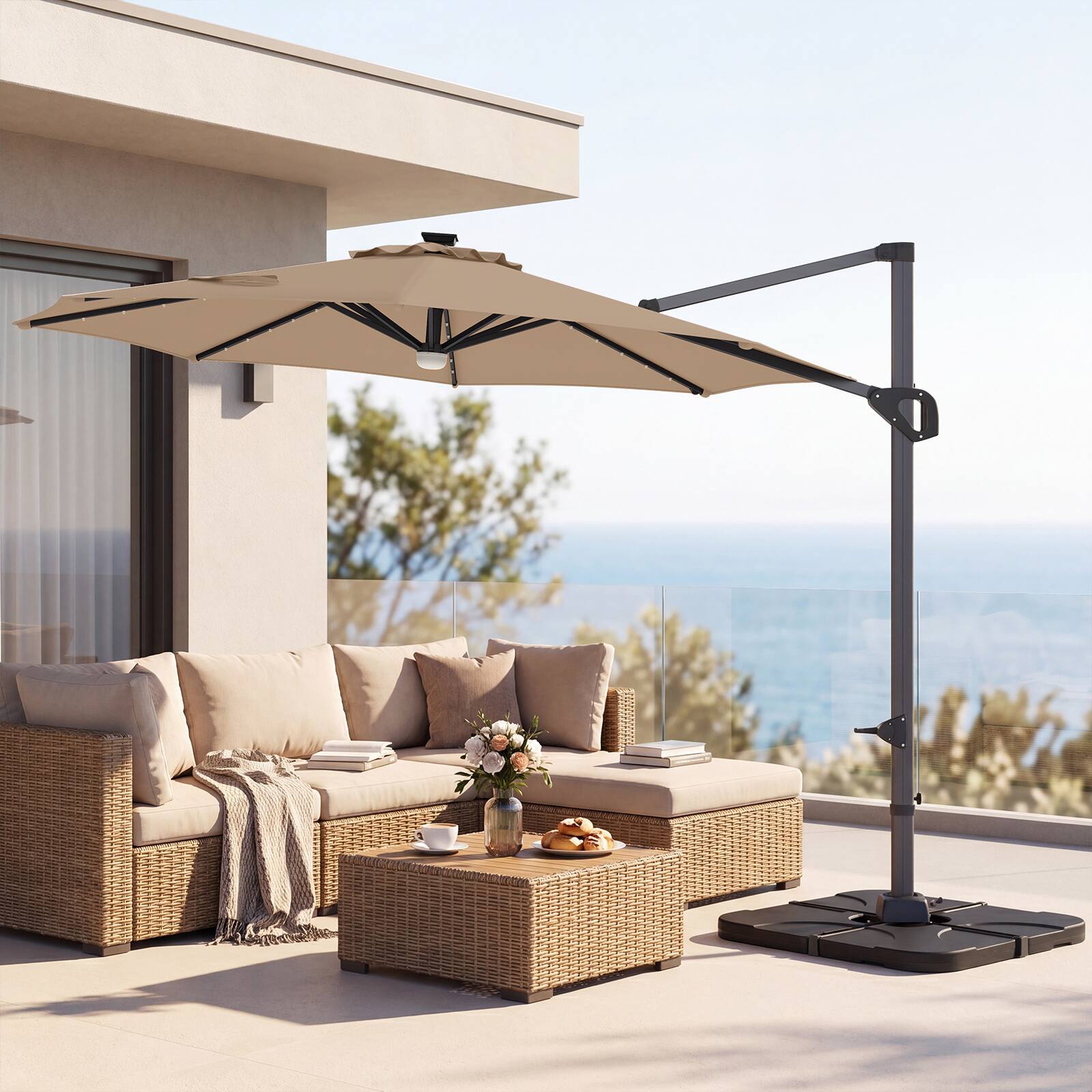 Alt View 1. Costway - Costway 10 FT Cantilever Patio Umbrella with 35 Solar LED Lights 220 LBS Base 360° Rotation - Tan + Black.