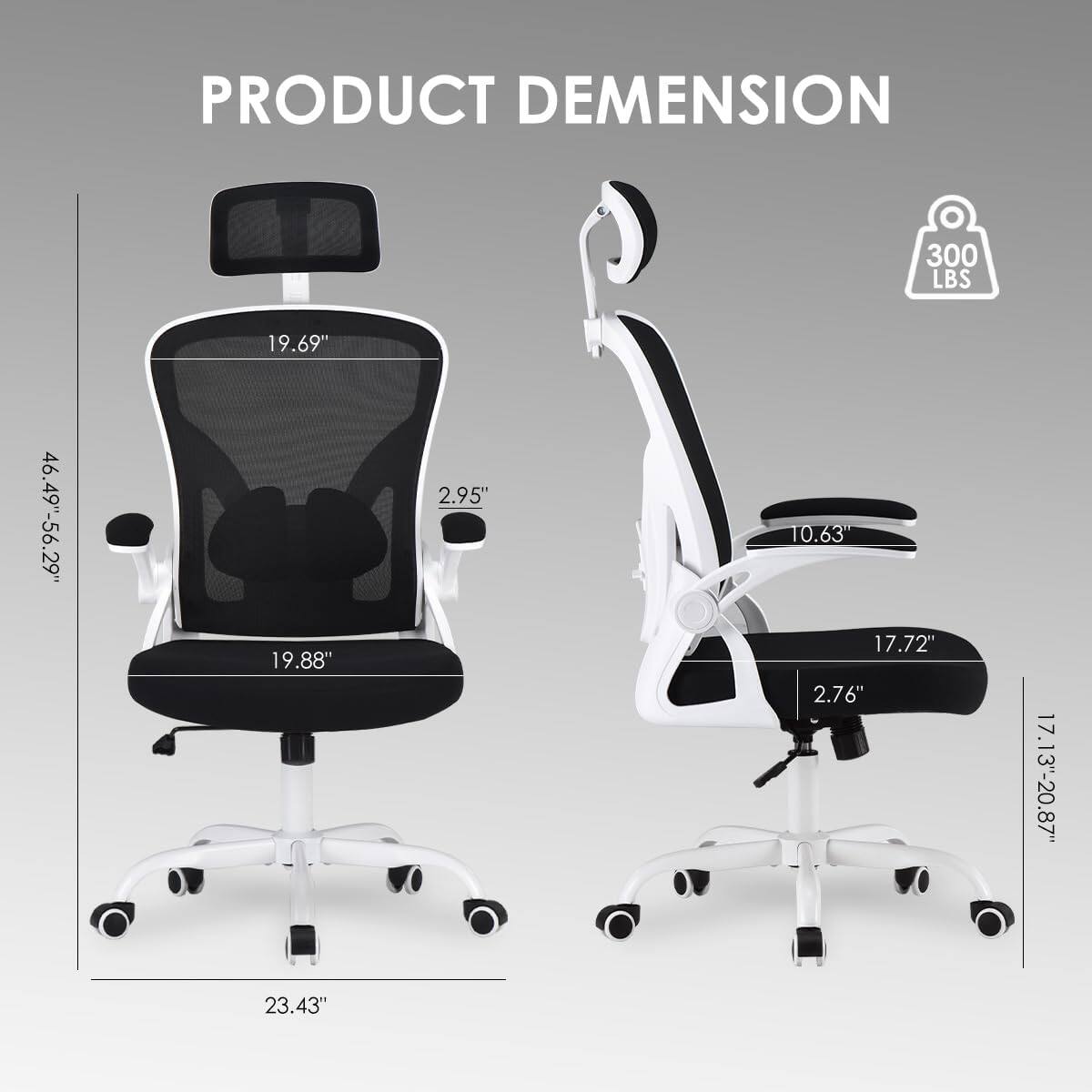PRODUCT DIMENSION

300 LBS

- Height: 46.49" - 56.29"
- Width: 19.69"
- Depth: 19.88"
- Armrest Height: 2.95"
- Seat Height: 17.13" - 20.87"
- Seat Depth: 10.63"
- Back Height: 17.72"
- Back Width: 2.76"
- Base Width: 23.43"