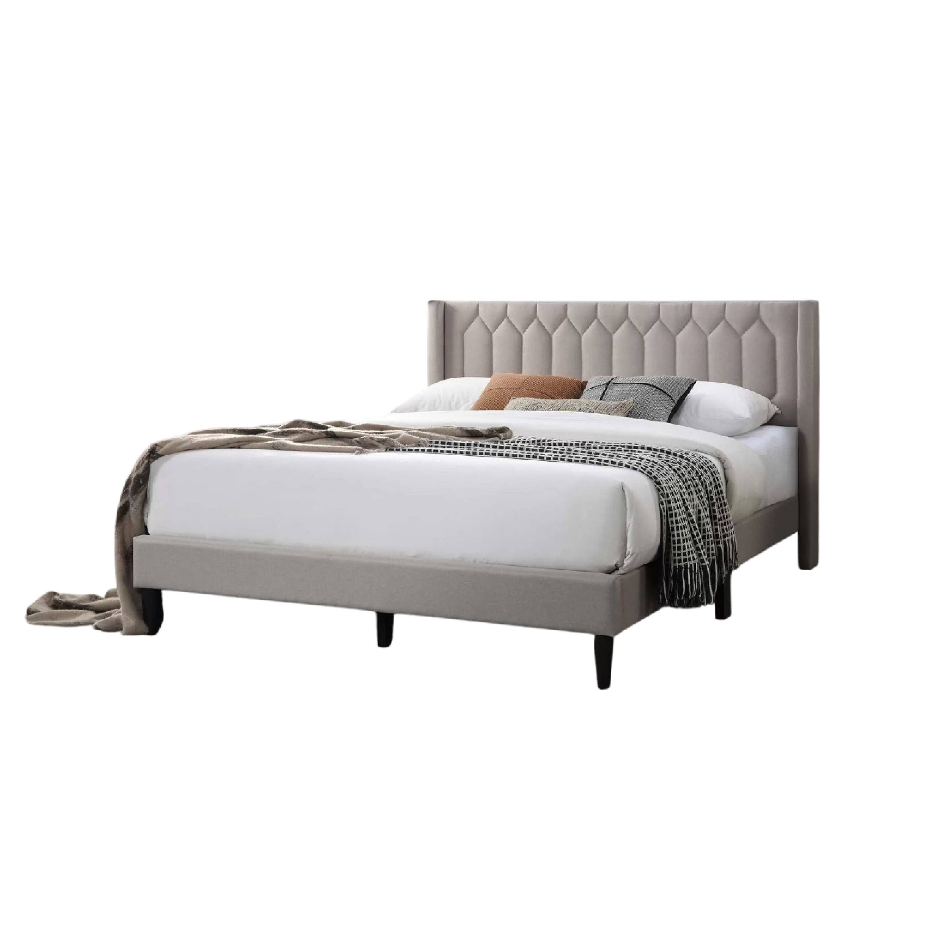 Left. Manhattan Lane - Liana Full Bed, Tufted Light Brown Burlap Upholstery, Foam Padding - Light Brown, Black.