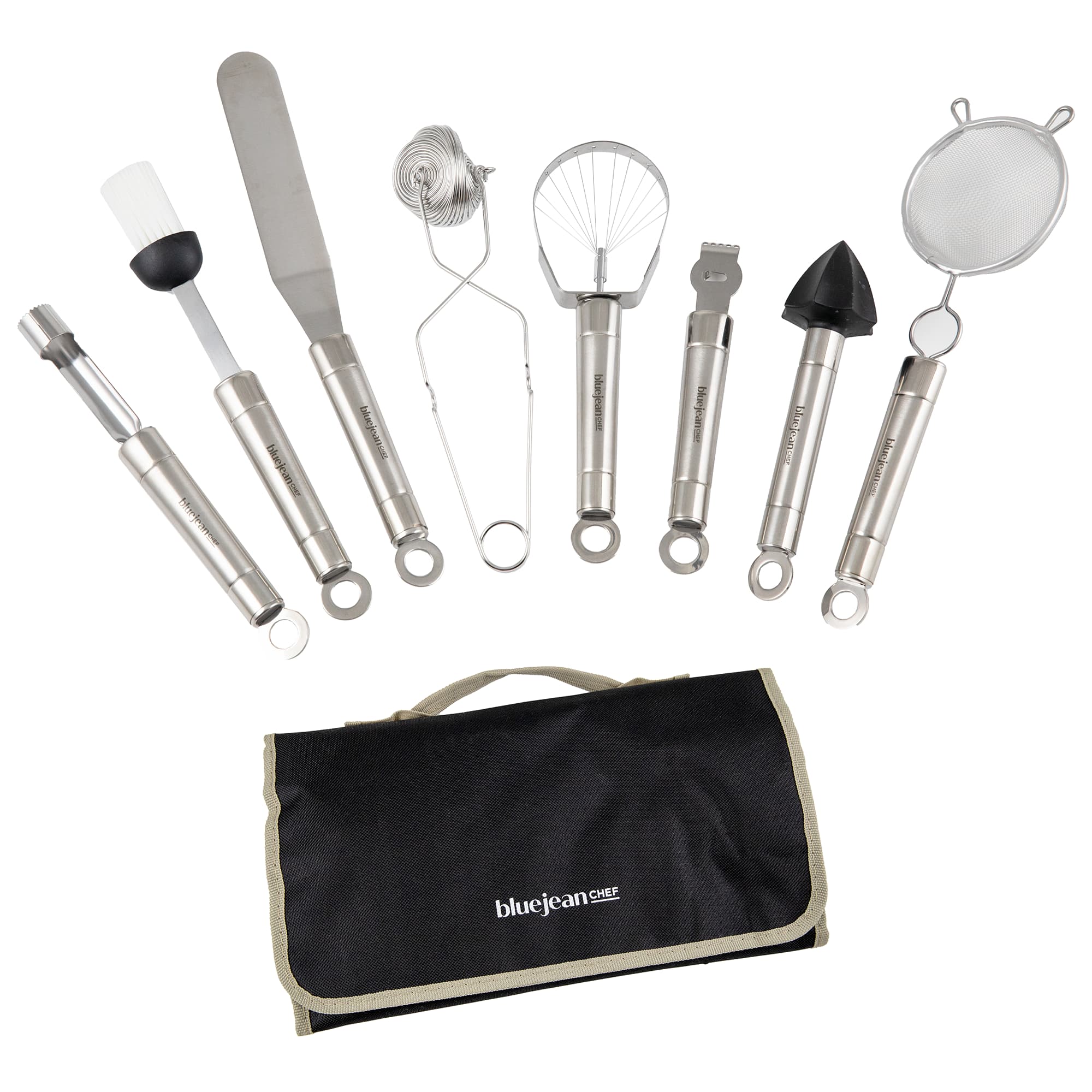 Blue Jean Chef - 8-Piece Kitchen Tool and Gadget Set, Stainless-Steel Kitchen Tools with Storage Pouch, Dishwasher Safe - Silver