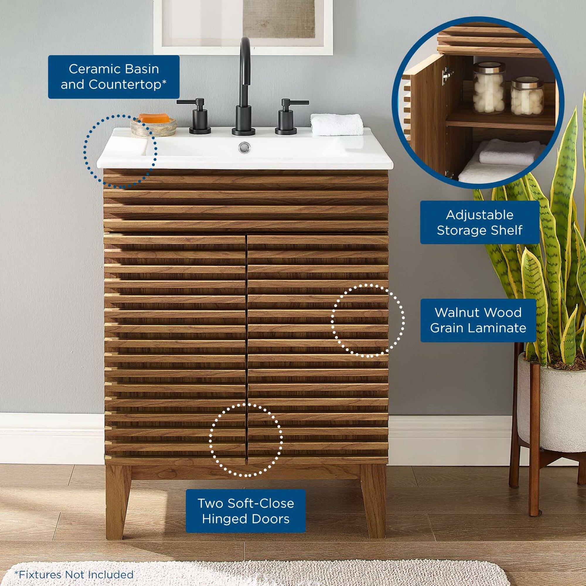 - Ceramic Basin and Countertop*
- Adjustable Storage Shelf
- Walnut Wood Grain Laminate
- Two Soft-Close Hinged Doors
- Fixtures Not Included