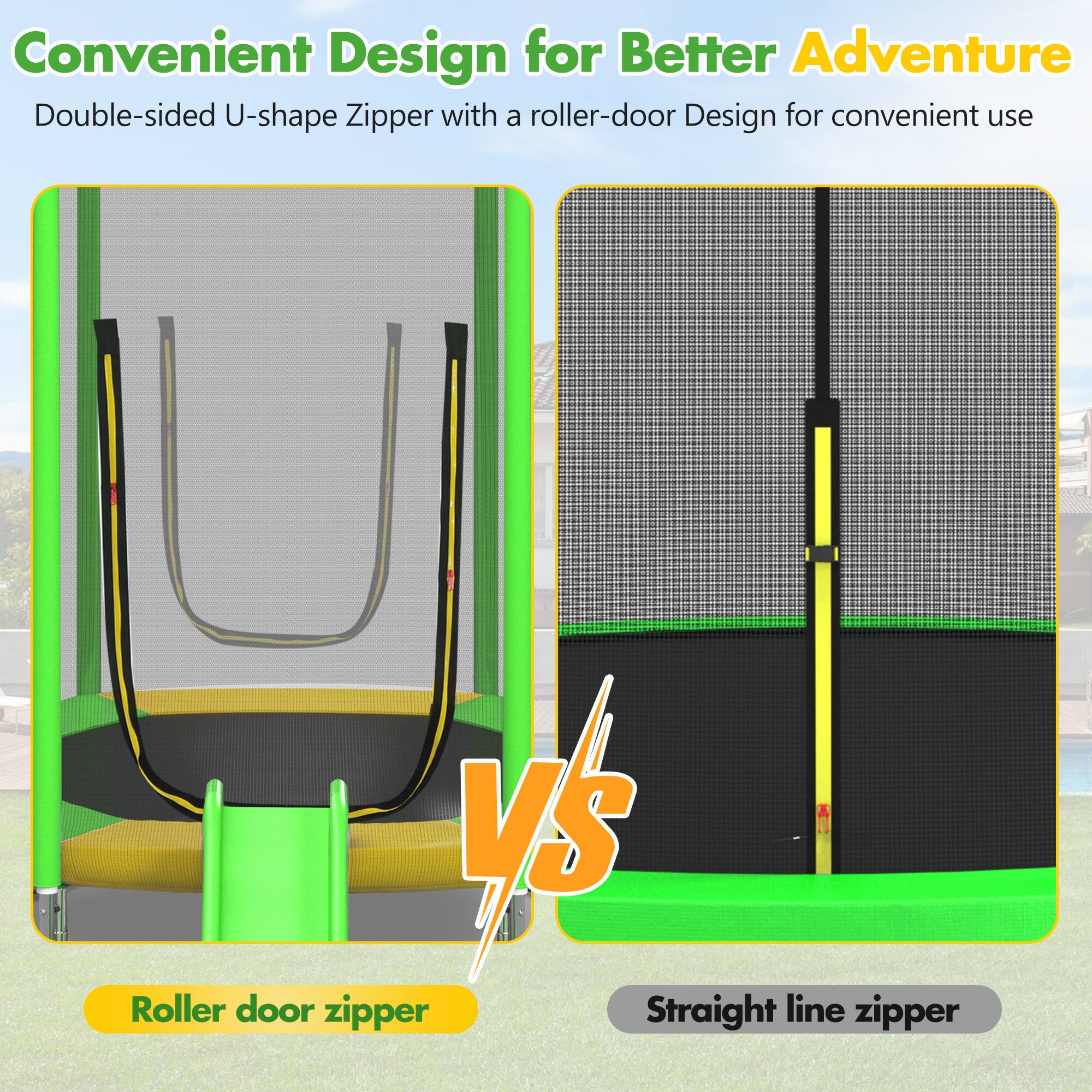 Convenient Design for Better Adventure

Double-sided U-shape Zipper with a roller-door Design for convenient use

Roller door zipper

VS

Straight line zipper